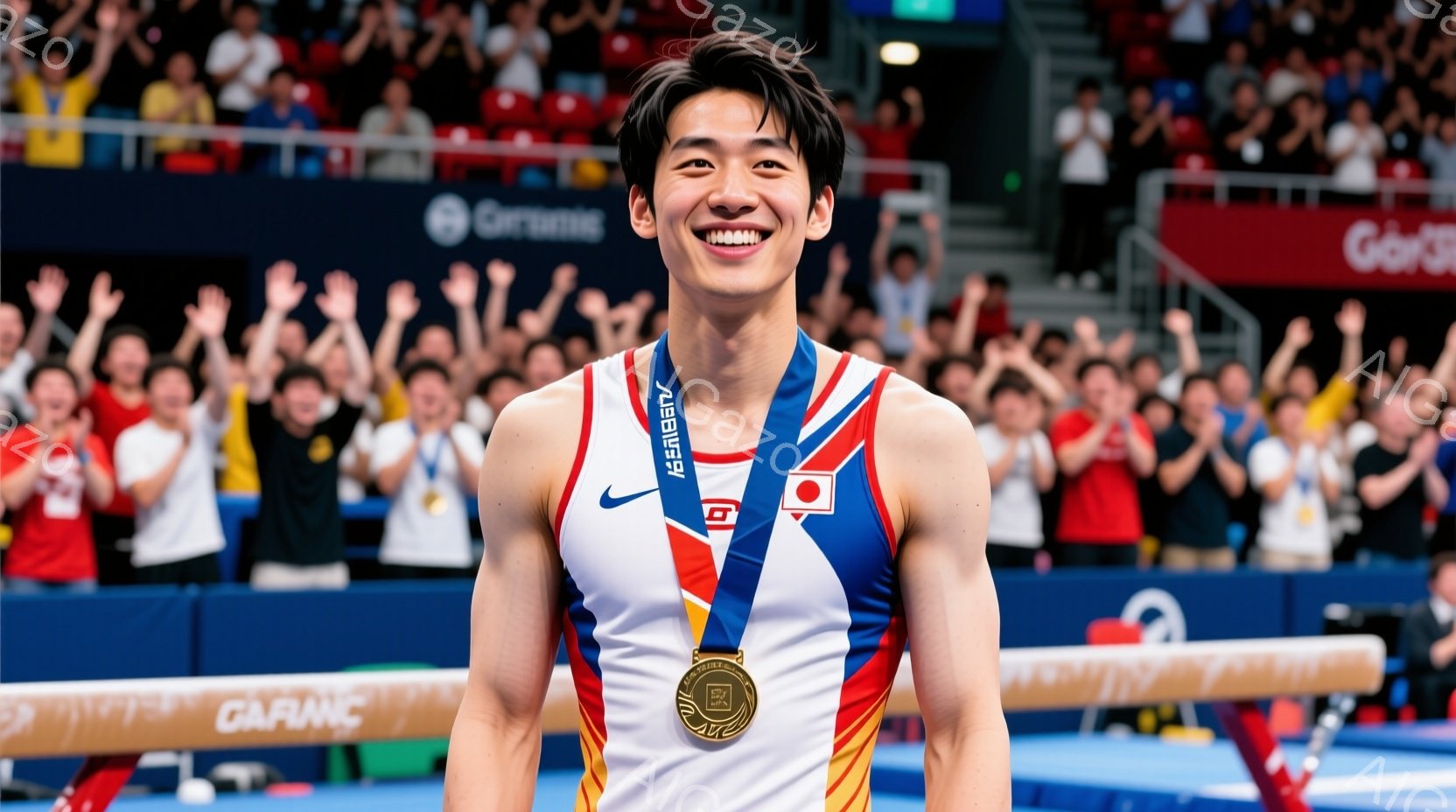 競技場で体操選手が、白いレオタードに日本の旗の色である赤と白のラインが入った衣装を着用し、金メダルを首にかけて満面の笑みを浮かべています。彼は少し上体を前に傾け、両手を腰に当てています。背景には観客席が写り、多くの人々が彼を祝福している様子がわかります。