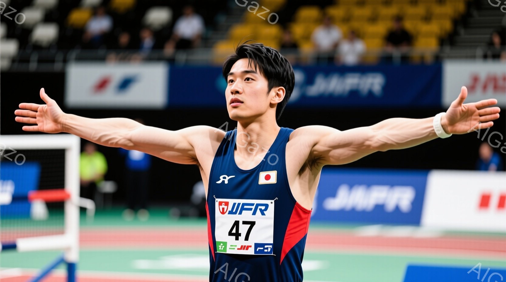 競技場で両手を広げて喜ぶ男性アスリートを捉えています。彼は赤いラインが入った紺色のユニフォームを着用し、短髪で、顔には勝利の喜びが表れています。背景には観客席や競技トラックが見え、競技場の熱気を感じさせます。