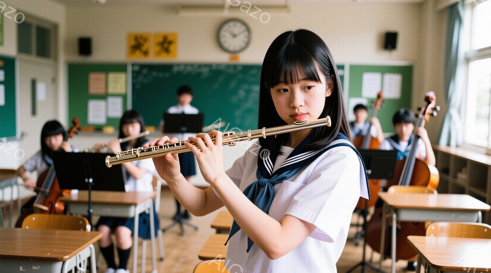 制服を着た女子学生が、教室でフルートを演奏している様子が写っている。彼女は紺色のリボンと白いブラウスに、濃い青色のスカートを着用し、前髪を短く整えたヘアスタイルをしている。教室には他の生徒たちが楽器を - AI生成フリー素材