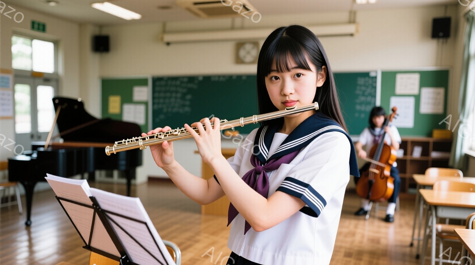 制服を着た女子生徒が、音楽室でフルートを演奏している姿が写っています。彼女は黒髪で前髪を揃え、真剣な表情でフルートを構えています。背景にはピアノや楽譜、そしてバイオリンを弾く別の生徒がぼんやりと見え、明るく整頓された音楽室の雰囲気が伝わってきます。