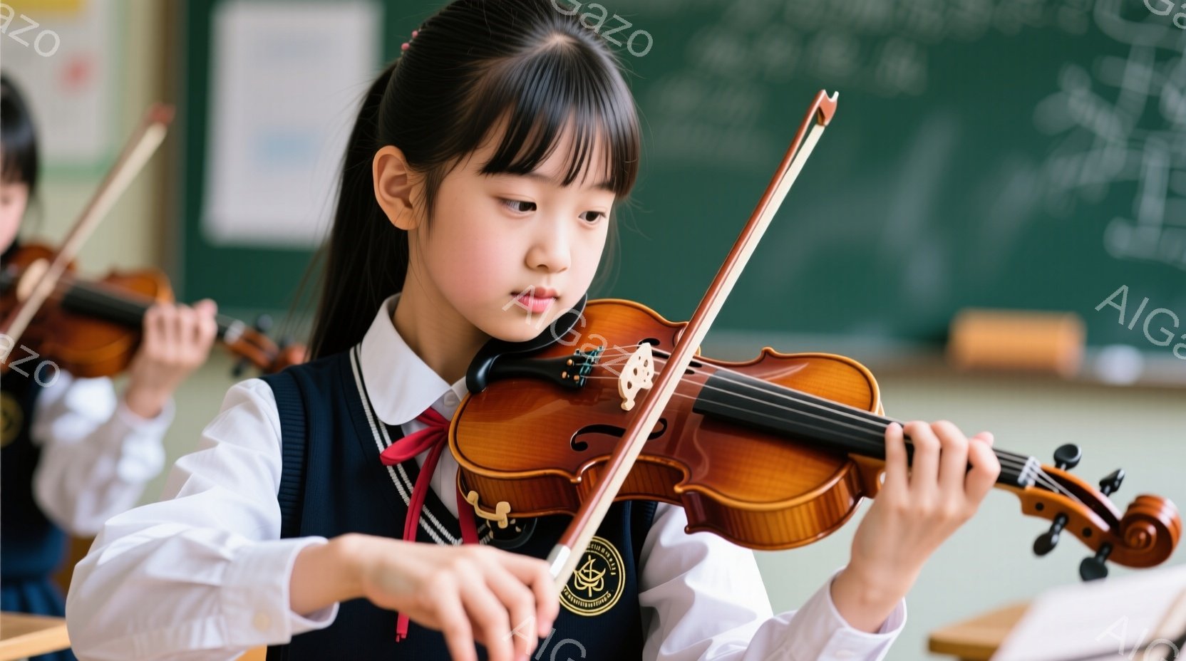 制服を着た若い女の子がヴァイオリンを演奏している様子が写っています。彼女は濃い色の髪を肩まで伸ばし、集中した表情でヴァイオリンを抱え、弓を引いています。背景には、他の生徒や教室の机が見え、学校の音楽の - AI生成フリー素材