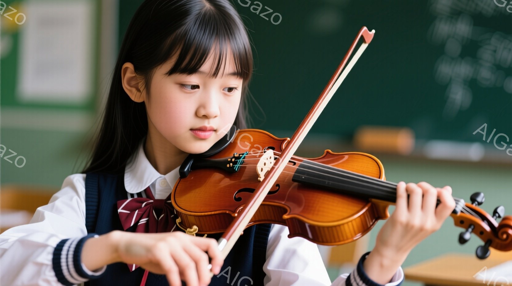 制服を着た少女がヴァイオリンを演奏している。彼女は茶色の長い髪をセンターパートにし、集中した表情で楽器を見つめている。背景には教室らしきものが写っており、緑色の黒板と机が見える。 - AI生成フリー素材