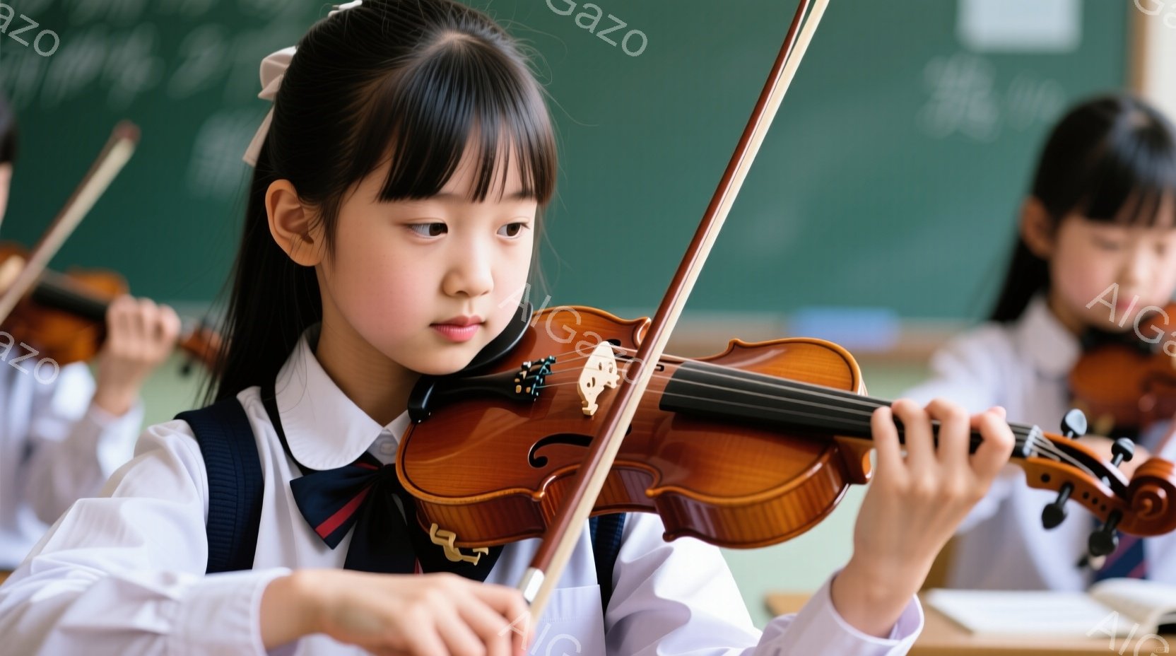 小さな女の子がバイオリンを演奏している様子が写っている。彼女は紺色のリボンとブレザー、白いシャツという制服を着ており、髪は後ろでリボンで結ばれている。真剣な表情で演奏に集中しており、背景には他の生徒た - AI生成フリー素材