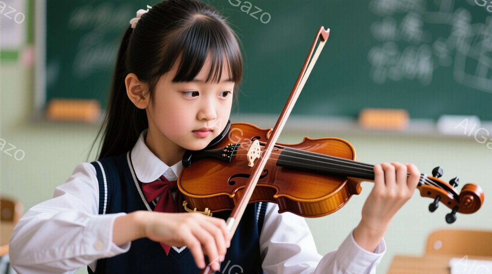 小さな女の子がヴァイオリンを演奏している写真です。彼女は白いシャツに紺色のベスト、赤いリボンを付けた制服を着ており、髪は後ろで一つに結ばれています。背景には教室の黒板が見え、真剣な表情で楽器に集中して - AI生成フリー素材