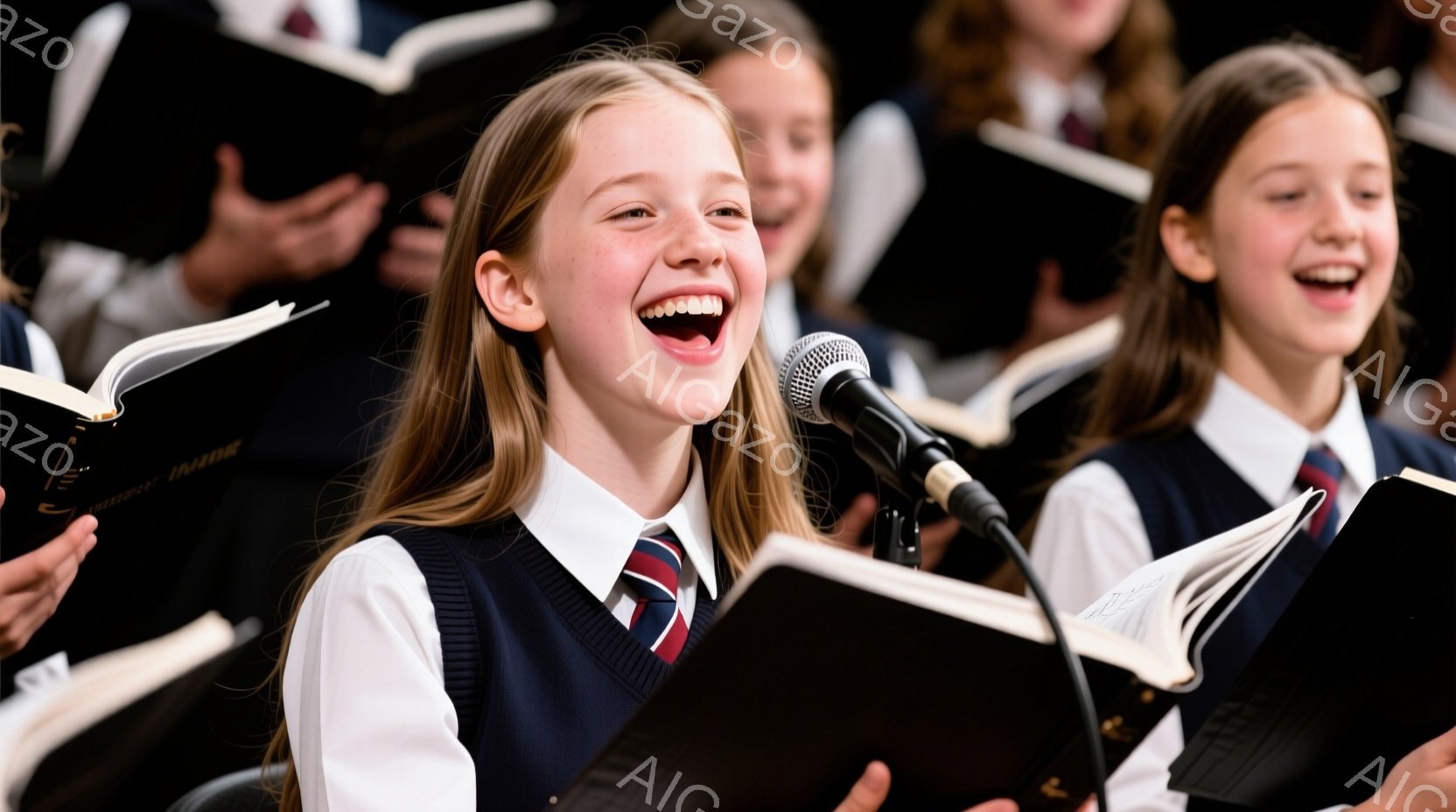 合唱団の少女たちが写っており、紺色のブレザー、白いシャツ、赤いネクタイを着用しています。彼女たちは楽譜を見ながら歌っており、特に中央の少女は大きく口を開けて笑顔を見せています。背景には他の団員がぼやけて見え、明るい照明の下で活気ある雰囲気が感じられます。