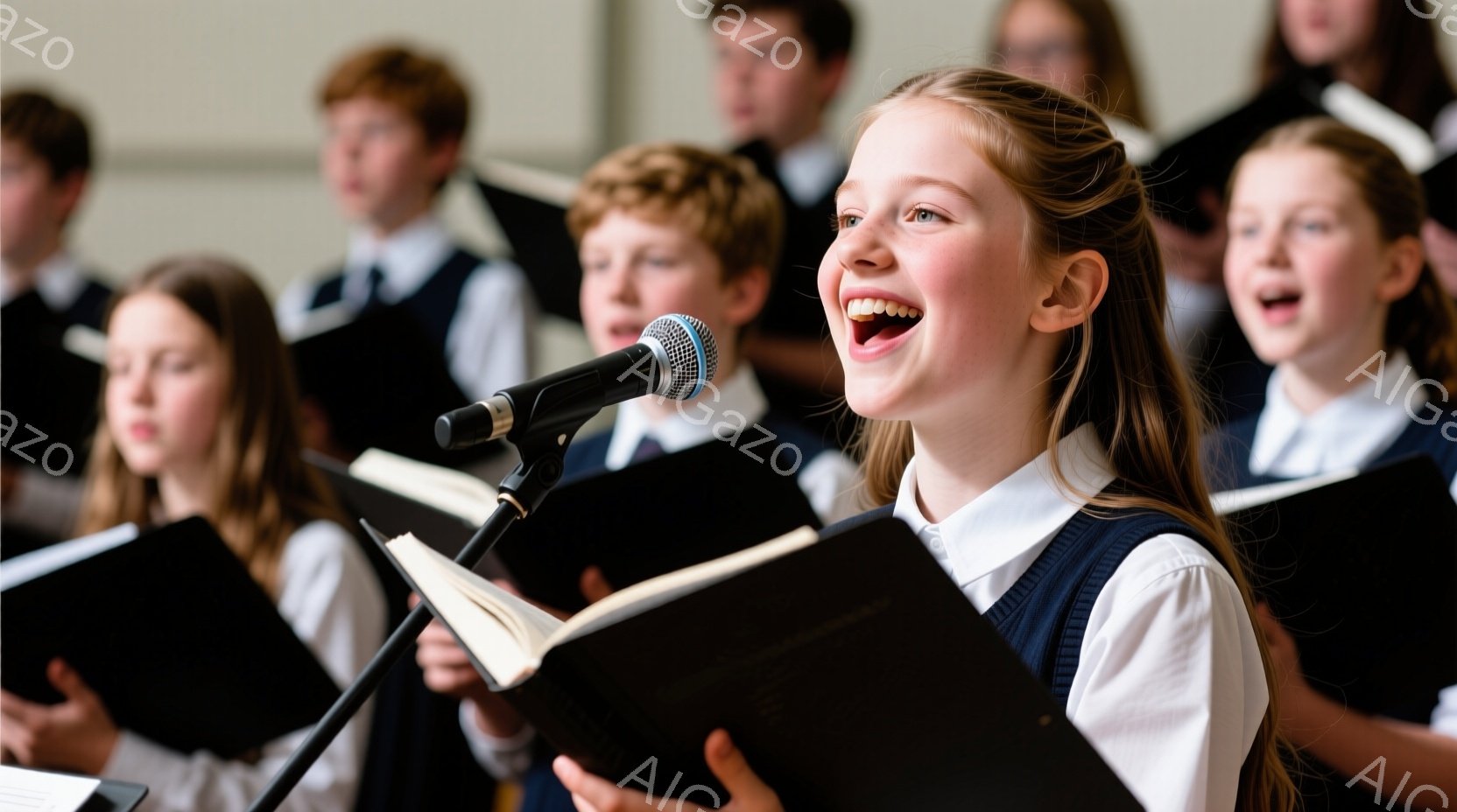 金髪を三つ編みにした少女が笑顔で歌っており、手に楽譜を持っています。彼女はネイビーのベストと白いシャツを着ており、マイクに向かって歌っています。背景には他の子供たちが楽譜を見ながら歌っており、明るい雰囲気の中で合唱団の練習風景がうかがえます。