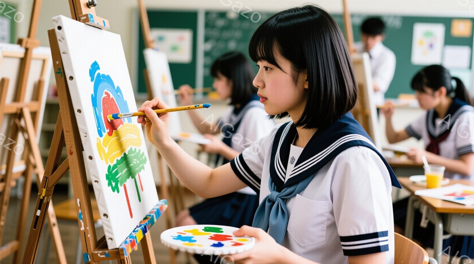 茶髪の短い髪型をした女子学生が、イーゼルに立てられたキャンバスに絵を描いている。彼女は白いブラウスと紺色のセーラー服を着ており、集中した表情で筆を動かしている。教室の中には他の生徒もおり、机の上には絵の具や水が入ったグラスが置かれている。