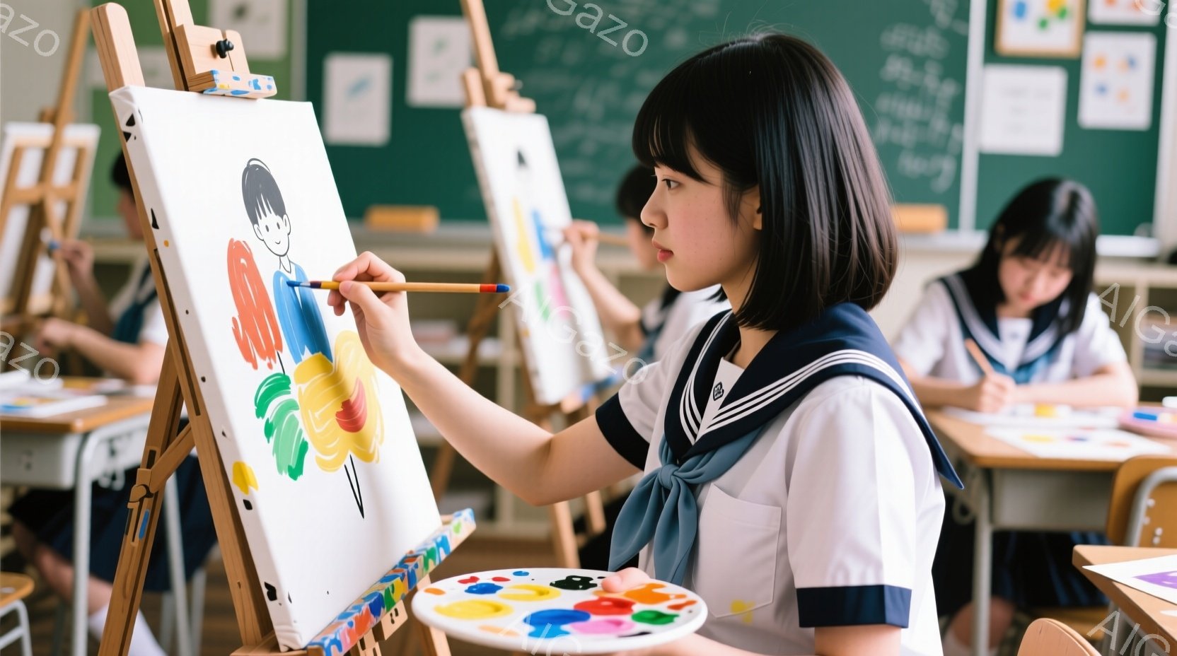 制服を着た女子学生がイーゼルに向かって絵を描いている様子が描かれている。彼女は短い黒髪で、集中した表情で筆を走らせ、キャンバスには色鮮やかな花が描かれている。教室には他の生徒もおり、それぞれ絵を描いて - AI生成フリー素材