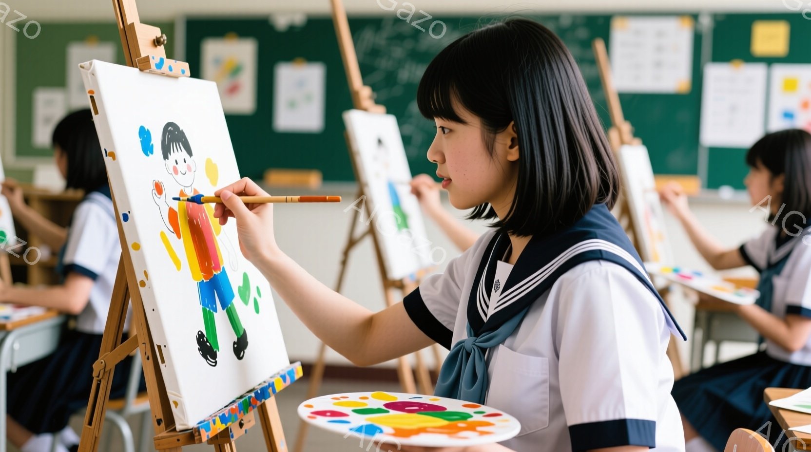 紺色のセーラー服を着た女子生徒が、キャンバスに向かって絵を描いている。彼女は黒いショートヘアで、集中した表情で筆を握り、カラフルなパレットから色を選んでいる。教室には他の生徒もおり、絵を描いている様子から美術の授業であることがわかる。