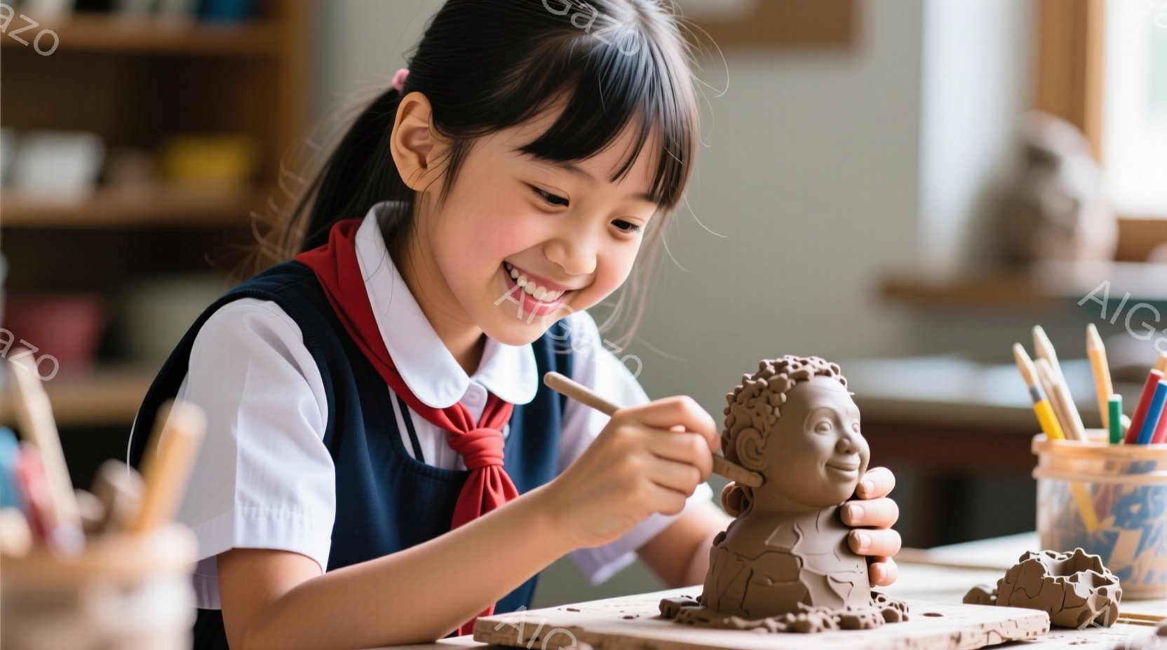 少女は彫刻に取り組んでおり、土で作られた人物像の顔のディテールを丁寧に作り込んでいる。紺色のセーラー服に赤いネクタイ、髪を後ろで一つに結んでおり、満面の笑みを浮かべている。背景には木製の棚が見え、明るい室内で芸術的な雰囲気が漂っている。