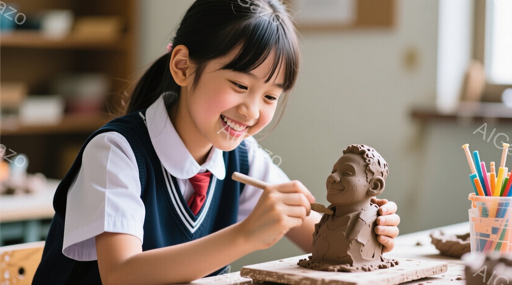 明るい色の制服を着た少女が、粘土で何かを作っている様子が写っている。彼女は笑顔で、集中して粘土の人形に細部を加えており、赤いヘアアクセサリーと三つ編みの髪が特徴的である。背景には棚があり、様々な色の粘土ツールが置かれており、明るく活気のあるワークショップのような雰囲気である。