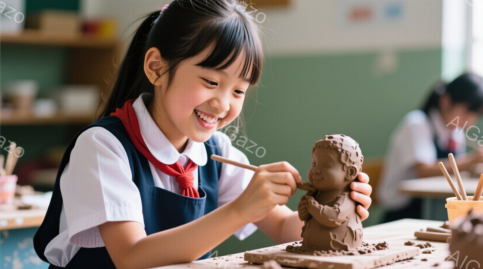 茶髪の少女が彫刻に取り組んでいます。彼女は白いブラウスに紺色のベスト、赤いリボンを着用し、笑顔で粘土の人形を木の棒で細工しています。背景には他の生徒や美術教室のような空間が見え、明るく活気のある雰囲気です。