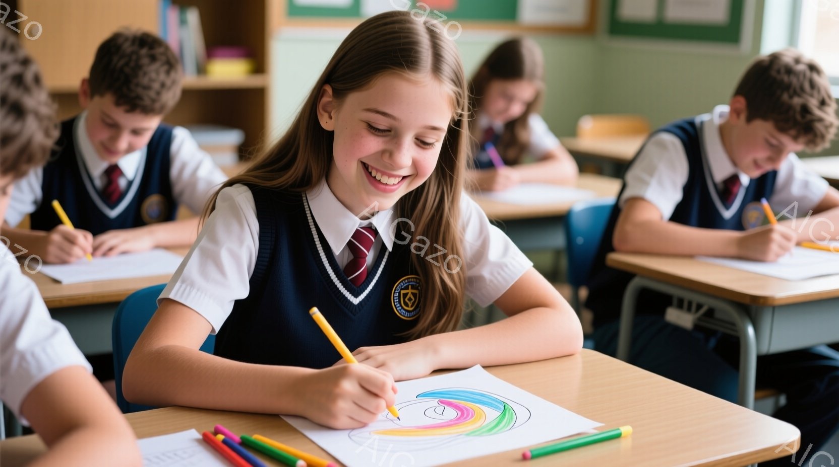 学校の教室で、制服を着た少女が楽しそうに絵を描いている。彼女は茶色の髪を肩まで伸ばし、笑顔で黄色いクレヨンで円を描いている。背景には他の生徒たちも机に向かい、授業を受けている様子がうかがえる、明るく活 - AI生成フリー素材