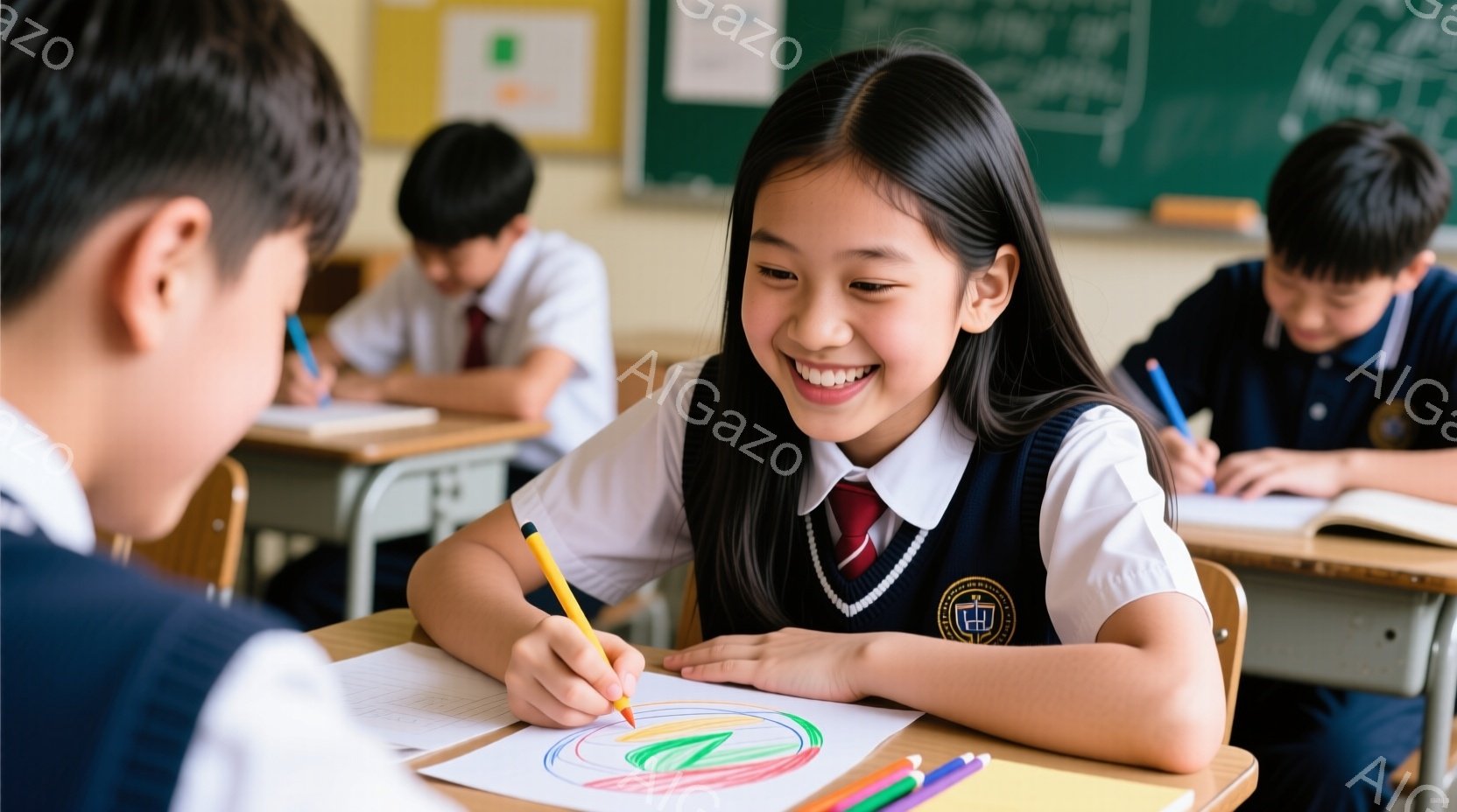 教室の中で、制服を着た少女が明るく微笑みながら色鉛筆で絵を描いています。彼女は茶色の長い髪をきれいに整え、机に身を乗り出して集中しています。教室には他の生徒たちもおり、勉強に励む姿が見られます。 - AI生成フリー素材