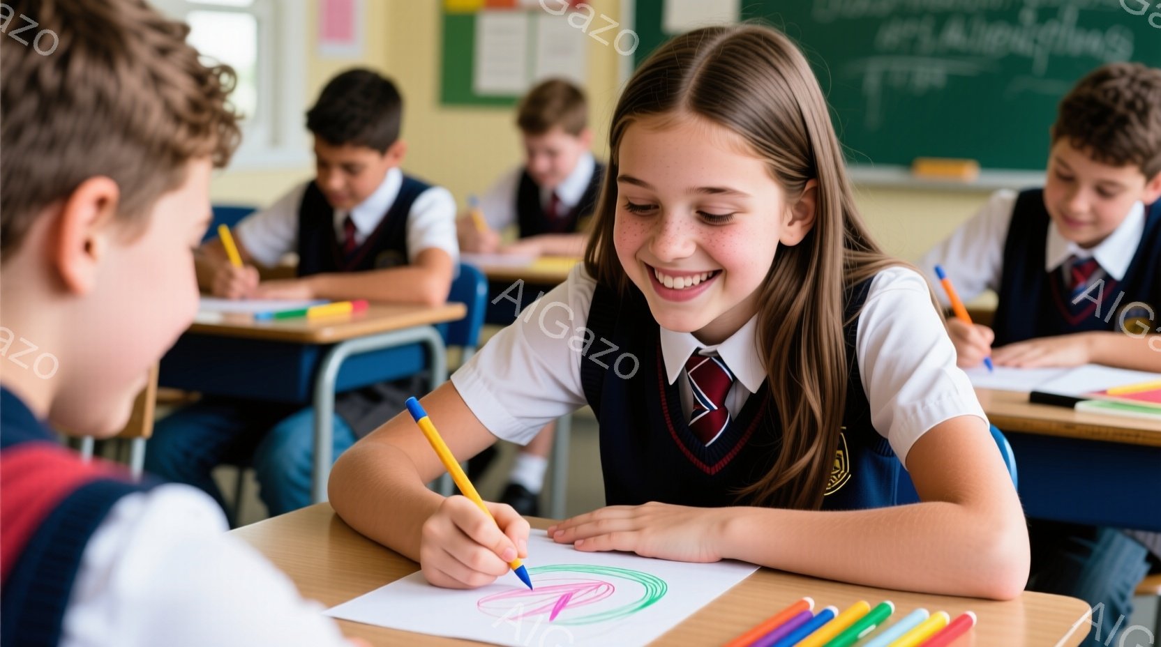 少女は明るい笑顔で画用紙に色鉛筆で何かを描いており、赤いタイとネクタイのついた制服を着ています。彼女は少し体を前に傾け、集中して描画に取り組んでいます。教室には他の生徒も座っており、背景には木製の机と - AI生成フリー素材