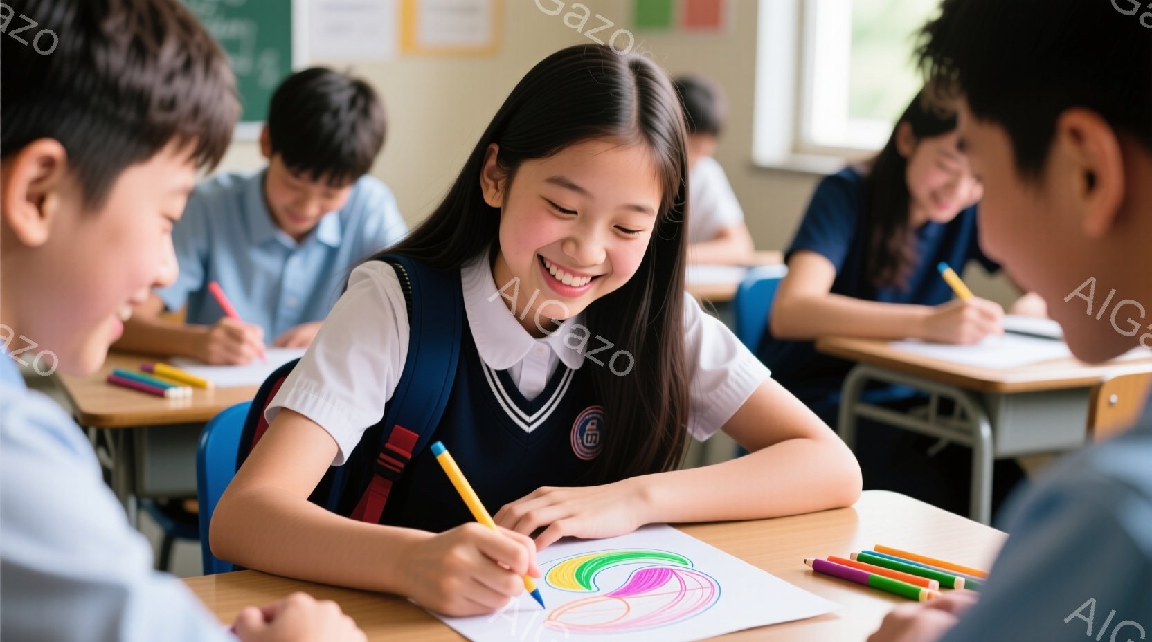 教室で女子学生が一眼レフカメラを持って撮影している様子が写っている。彼女は紺色のセーラー服を着ており、前髪を下ろした黒髪が特徴的で、真剣な表情でファインダーを覗き込んでいる。背景には他の生徒たちもカメ - AI生成フリー素材