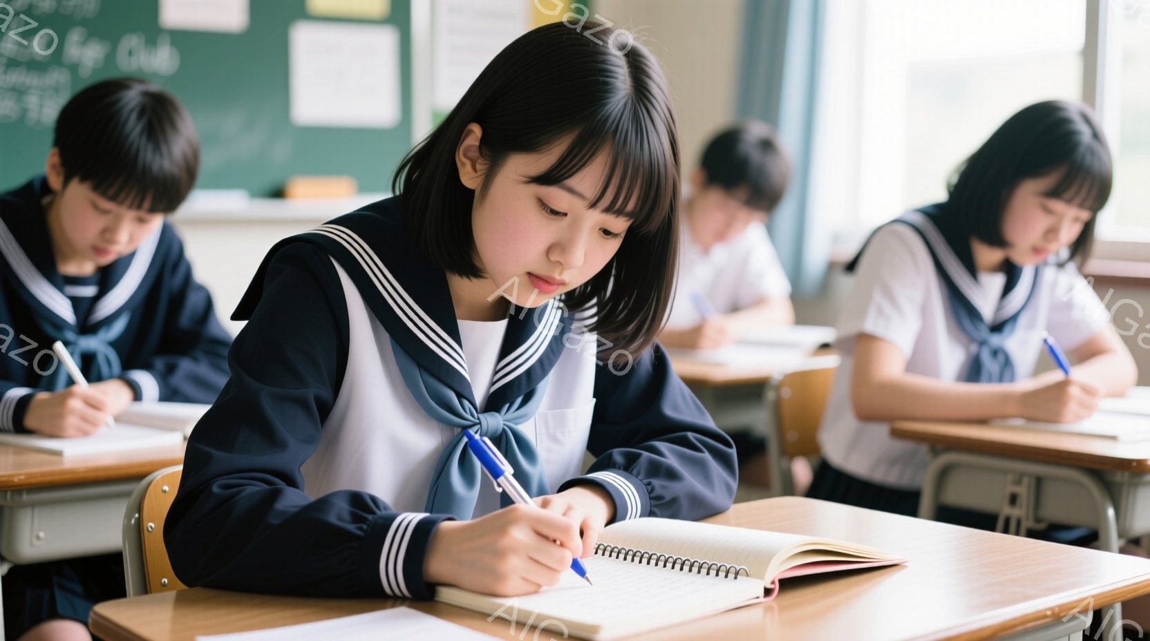 制服を着た女子学生たちが教室で勉強している様子が写っています。彼女たちは皆、紺色のブレザーと白いシャツ、チェック柄のリボンを着用し、真剣な表情でノートに書き込みをしています。教室は明るく、木製の机と椅子が整然と並び、集中した学習環境が感じられます。