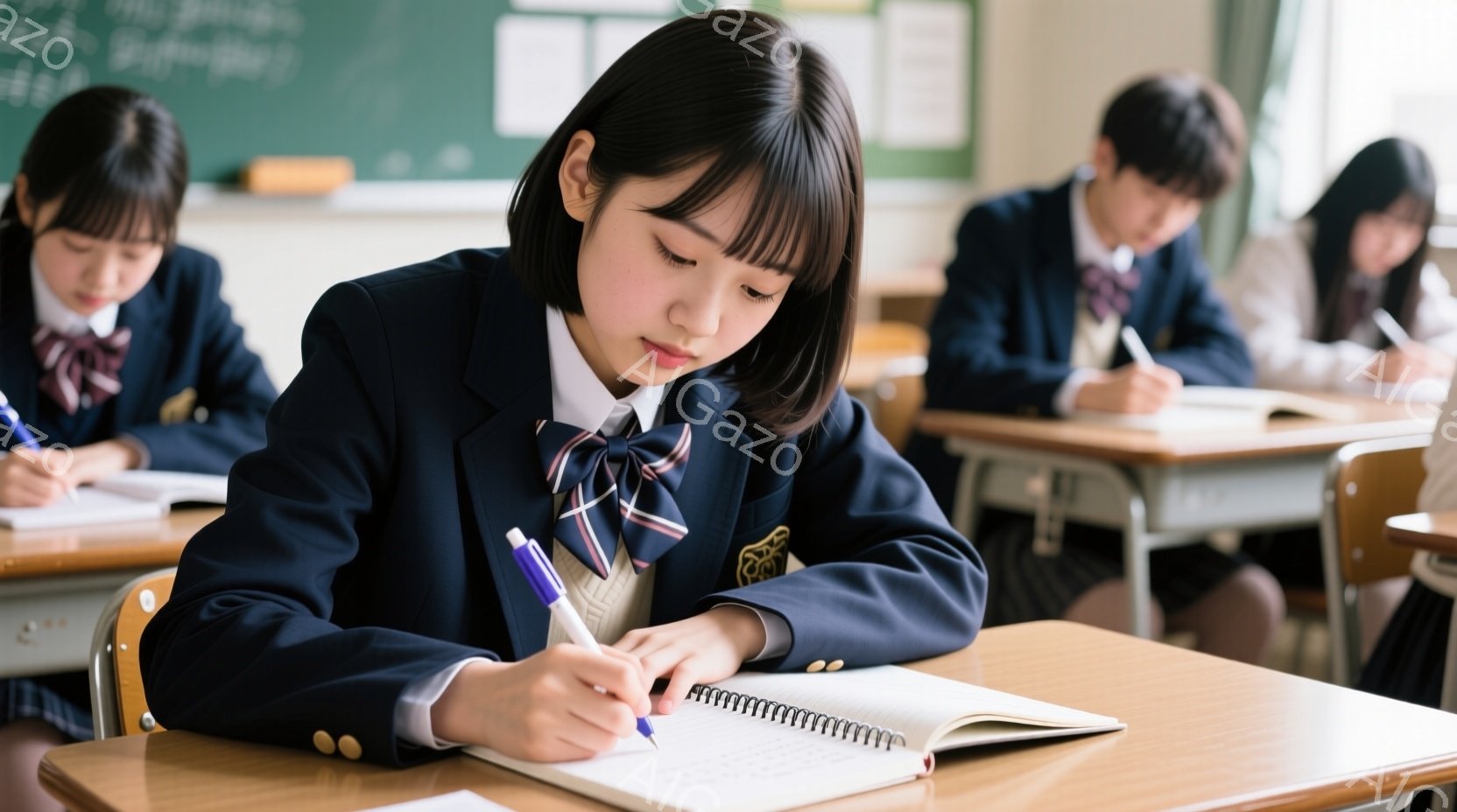 制服を着た女子生徒が、授業中に机に向かってノートにペンで書き込んでいる様子が写っている。彼女は黒髪で前髪が目にかかるヘアスタイルで、集中した表情で前を見据えている。背景には他の生徒や教室の黒板が見え、 - AI生成フリー素材