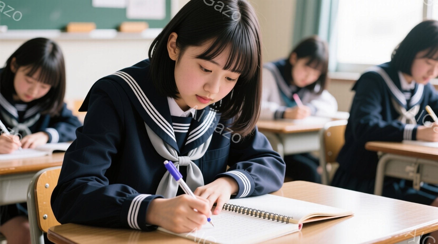 制服を着た女子学生が教室で勉強している様子が写っている。彼女は黒髪で前髪を揃え、真剣な表情でノートにペンで書き込んでいる。背景には他の生徒たちも同じように勉強しており、教室は木製の机と椅子で埋め尽くさ - AI生成フリー素材