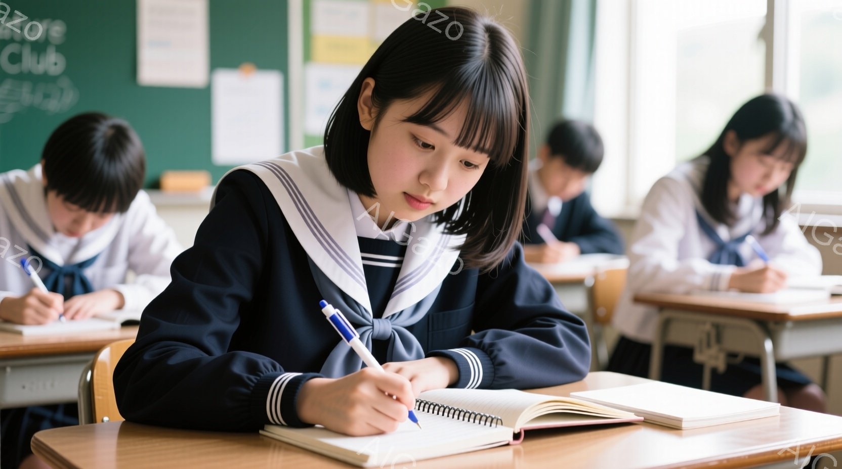 制服を着た女子学生が教室でノートにペンで書き込みをしている。彼女は黒髪で前髪を下ろしたヘアスタイルで、集中した表情をしている。教室には他の生徒もおり、机に向かって勉強している様子がうかがえる。 - AI生成フリー素材