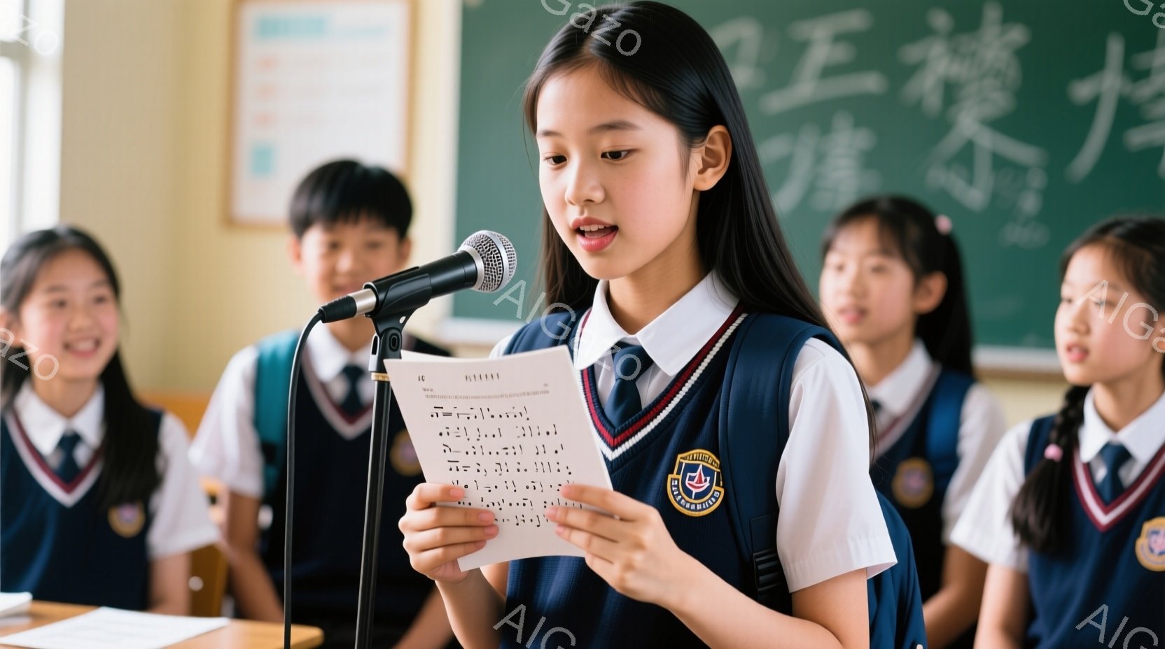 制服を着た少女がマイクに向かって歌っている様子が写っている。彼女は黒髪で、真剣な表情で楽譜を見下ろしており、姿勢もまっすぐである。背景には他の生徒たちが座っており、教室らしき場所で、明るい雰囲気の中に - AI生成フリー素材