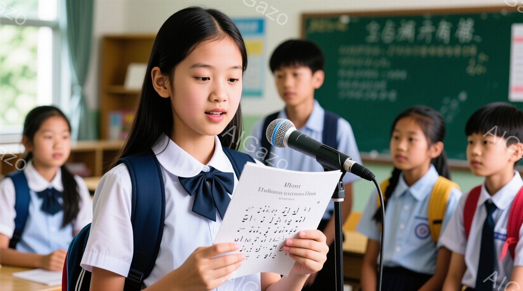 教室の中で、一人の少女がマイクに向かって歌う楽譜を読んでいます。彼女は紺色のリボンとブレザーの制服を着ており、髪は後ろでまとめられています。背景には、他の生徒たちが座っており、室内は明るく、活気のある - AI生成フリー素材