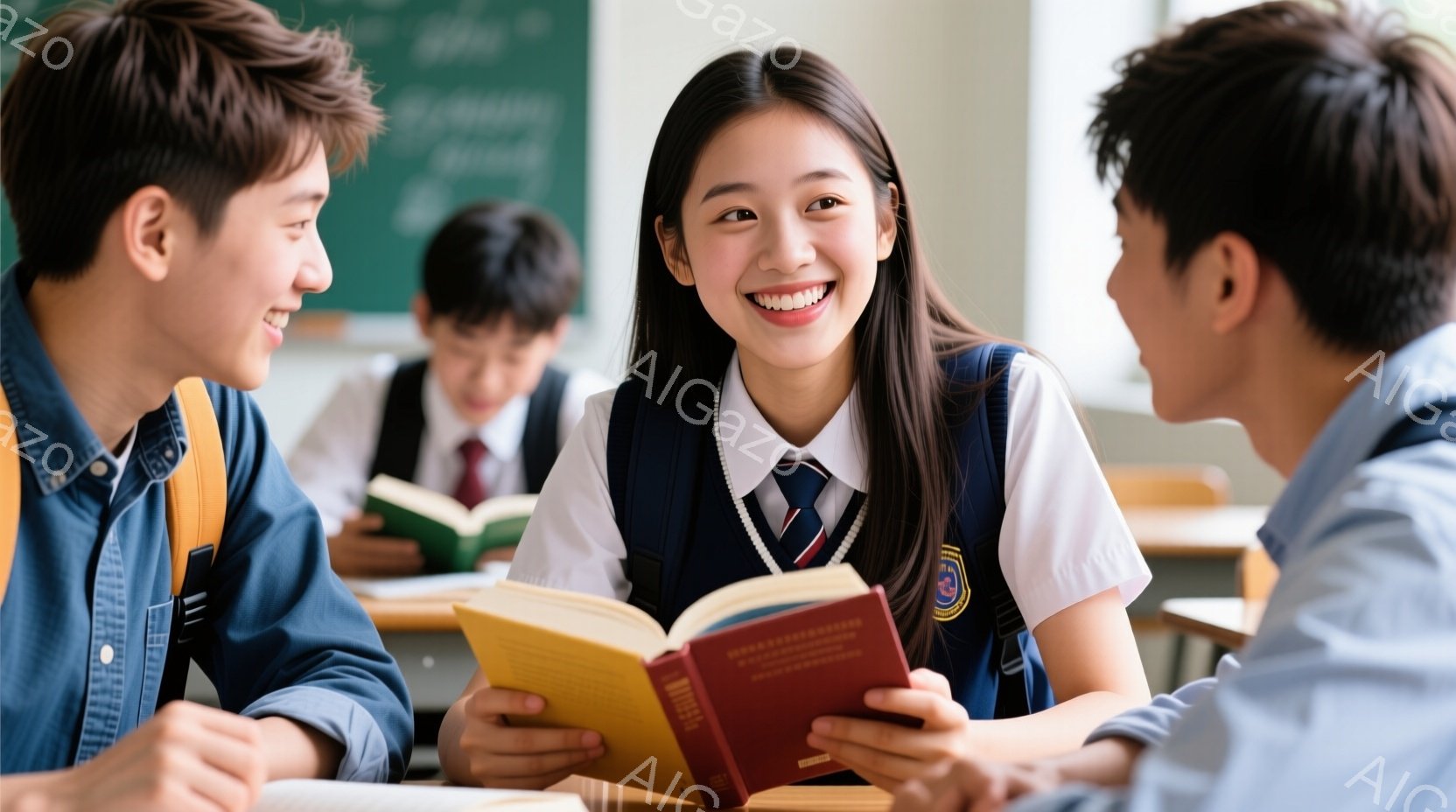 教室の中で、制服を着た女子学生が笑顔で本を開いており、周りには他の生徒もいます。彼女は茶色の長い髪で、明るい表情で前を向いています。背景には黒板が見え、教室の活気ある雰囲気が伝わってきます。 - AI生成フリー素材