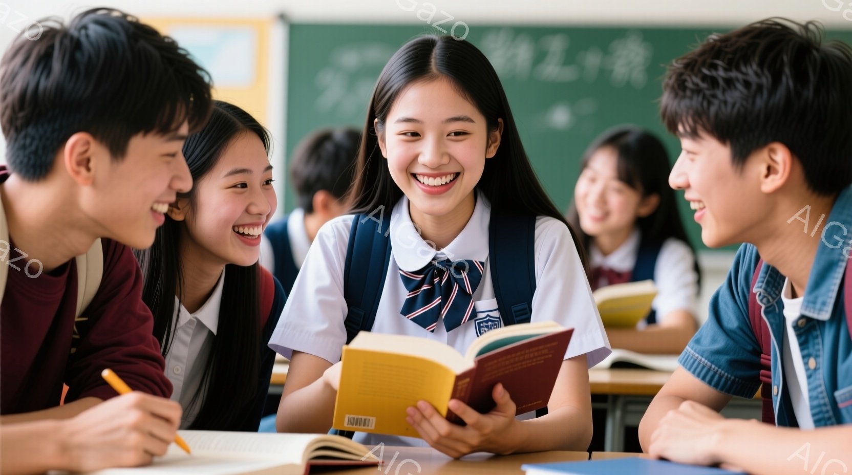 教室で、制服を着た女子生徒が笑顔で本を開いており、周りには男子生徒たちがいて、楽しそうに会話している様子が伺えます。女子生徒は髪を長く伸ばし、明るい表情で、男子生徒たちはカジュアルな服装で、リラックス - AI生成フリー素材