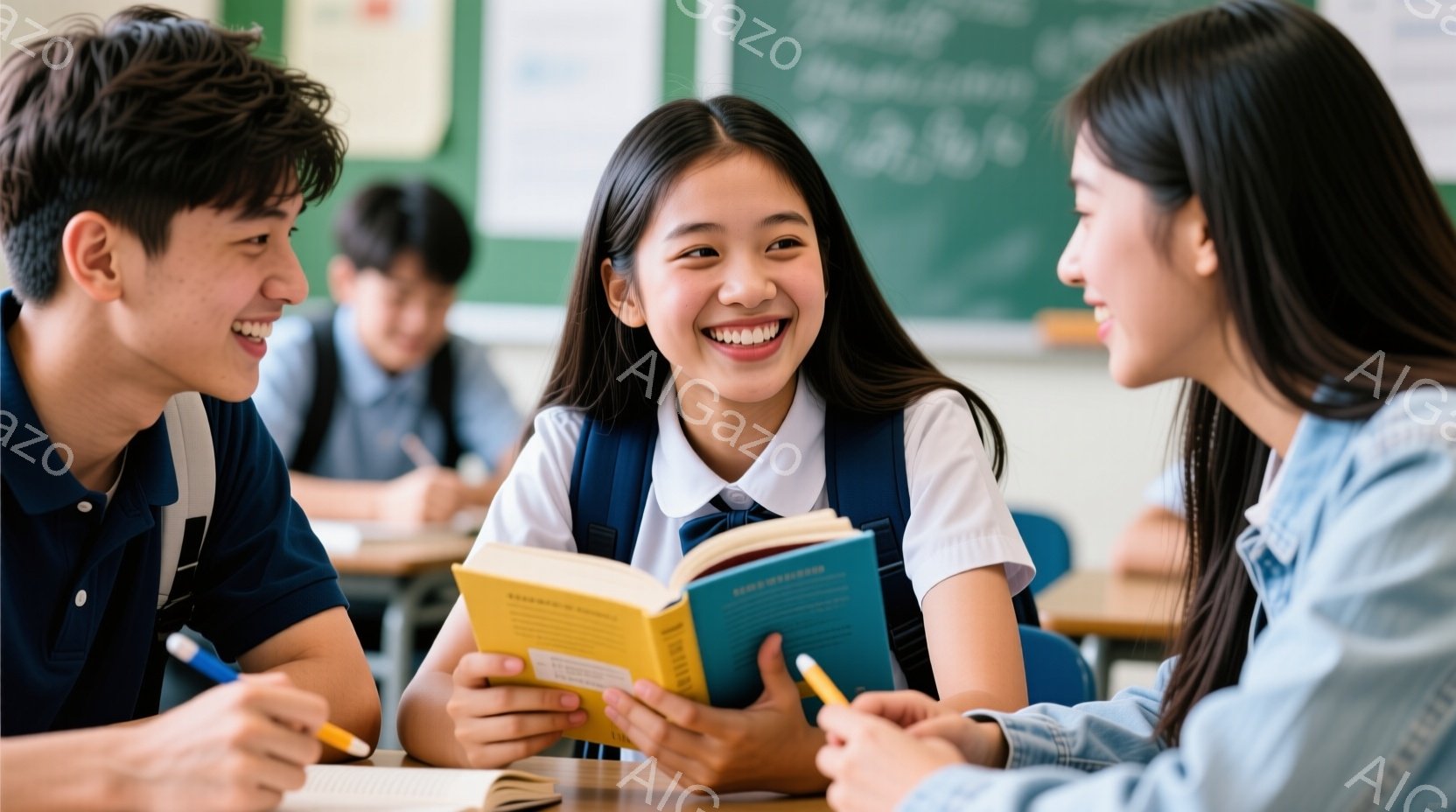 教室で、制服を着た女子学生が満面の笑みを浮かべ、開いた本を見つめている。彼女の隣には、青いシャツを着た男子学生がいて、楽しそうに話しかけているようである。背景には他の生徒や黒板が見え、明るく活気のある授業風景が伝わってくる。