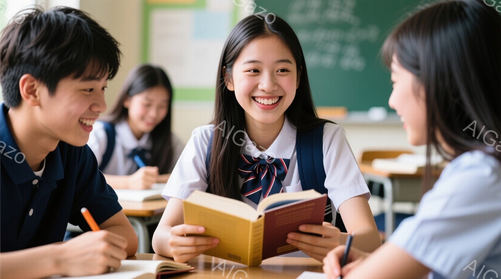 教室で、制服を着た女子生徒が笑顔で本を開いています。彼女は明るい表情で、周りの男子生徒たちと楽しそうに会話しているようです。背景には他の生徒や机、黒板があり、活気のある学校の雰囲気が伝わってきます。