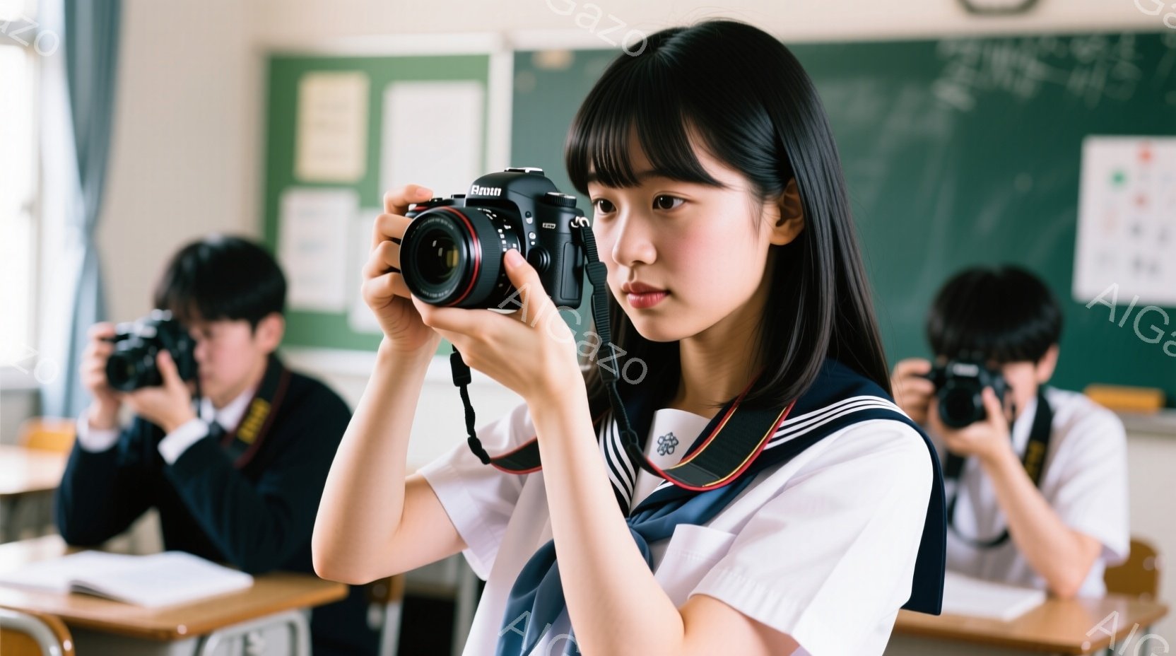 制服を着た女子生徒がカメラを持って撮影している様子が写っています。彼女は黒髪のショートボブで、少し真剣な表情をしています。教室の中には他の生徒もおり、同じようにカメラを持って何かを撮影しているようです - AI生成フリー素材