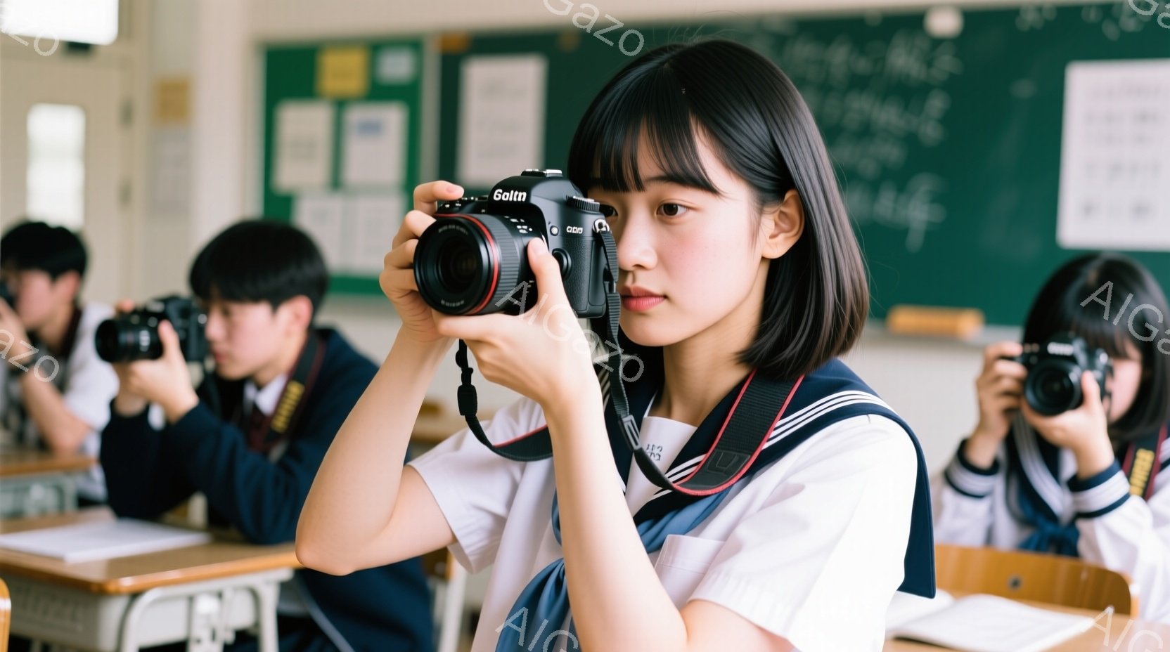 画像は教室で、制服を着た女子高生がカメラを持って写っている様子を捉えている。彼女は黒髪のボブヘアで、カメラのファインダーを覗き込み、真剣な表情をしている。背景には他の生徒たちもカメラを持っており、写真 - AI生成フリー素材