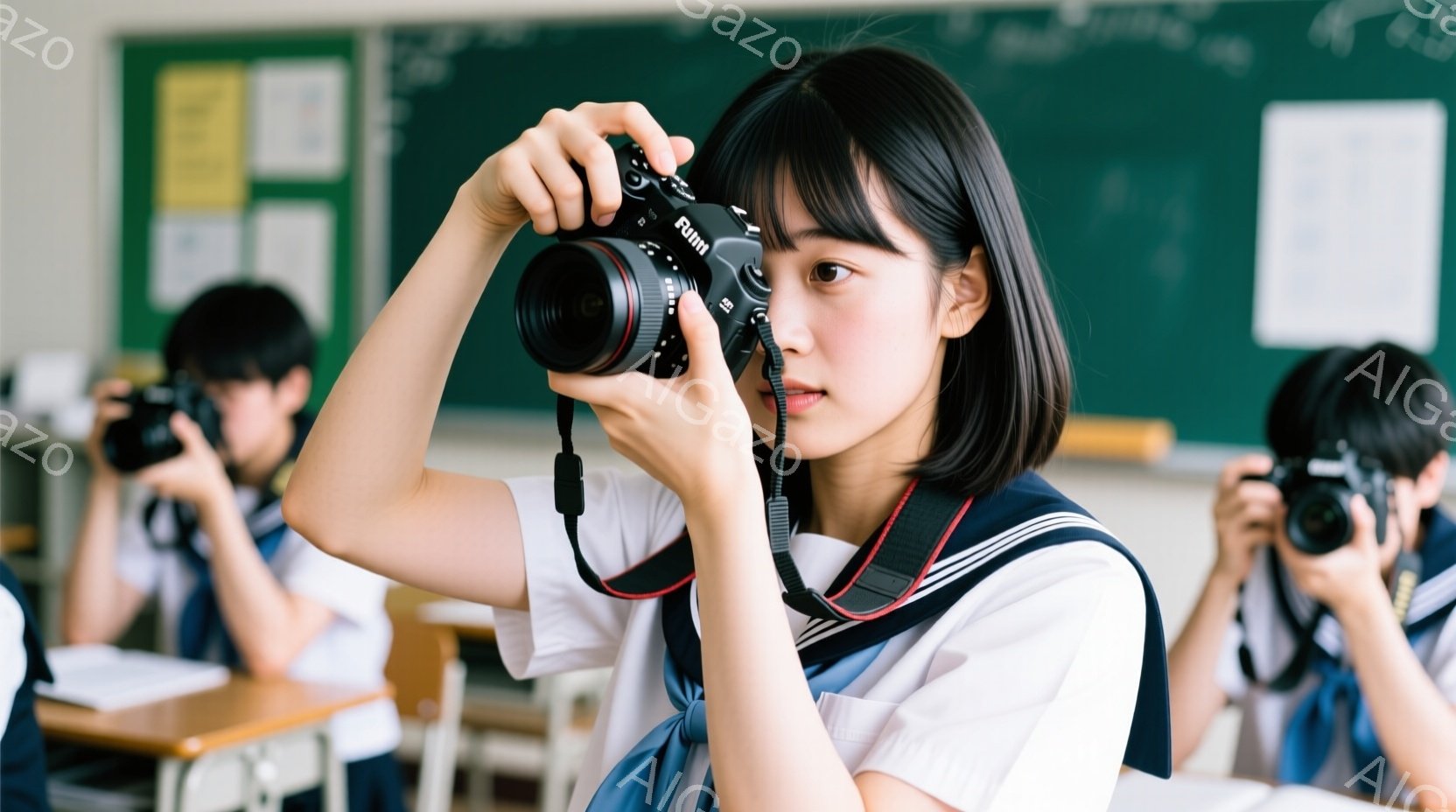 教室で一眼レフカメラを持っている女子高生を捉えています。彼女は紺色のセーラー服を着ており、前髪を下ろした黒髪が印象的です。彼女はカメラを構え、集中した表情で何かを撮影しているようです。