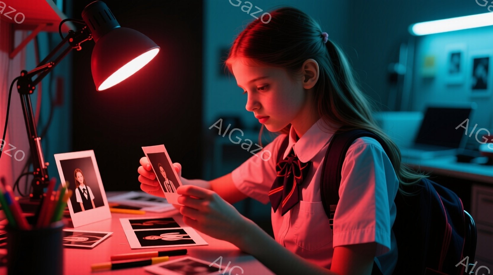 少女は机の上で写真を手に取り、集中して見つめている。白いシャツにネクタイ、制服のような服装で、髪は後ろでポニーテールに結ばれている。背景は暗く、机の上の写真とペン、そして背中のリュックサックがわずかに光を受けている。
