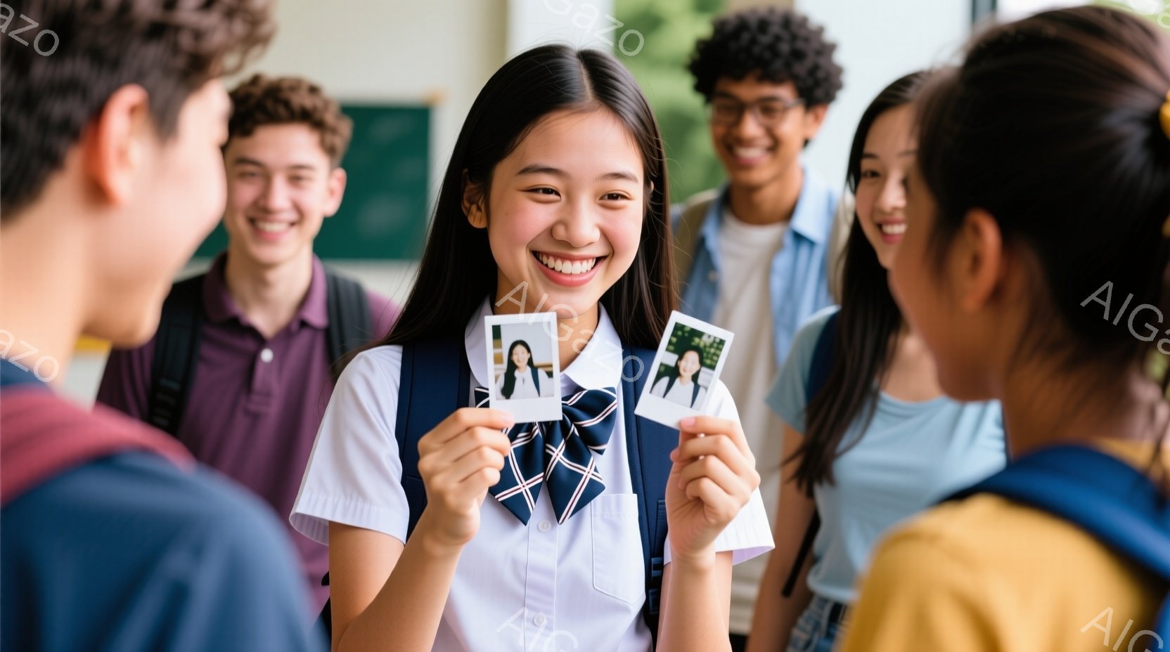 長い黒髪の女子学生が、満面の笑みで二枚の写真を手に持っている。彼女は水色のシャツにネクタイ、ブレザーを着ており、周囲には他の生徒たちが写っている。背景には教室らしき場所があり、明るく和やかな雰囲気が伝わってくる。