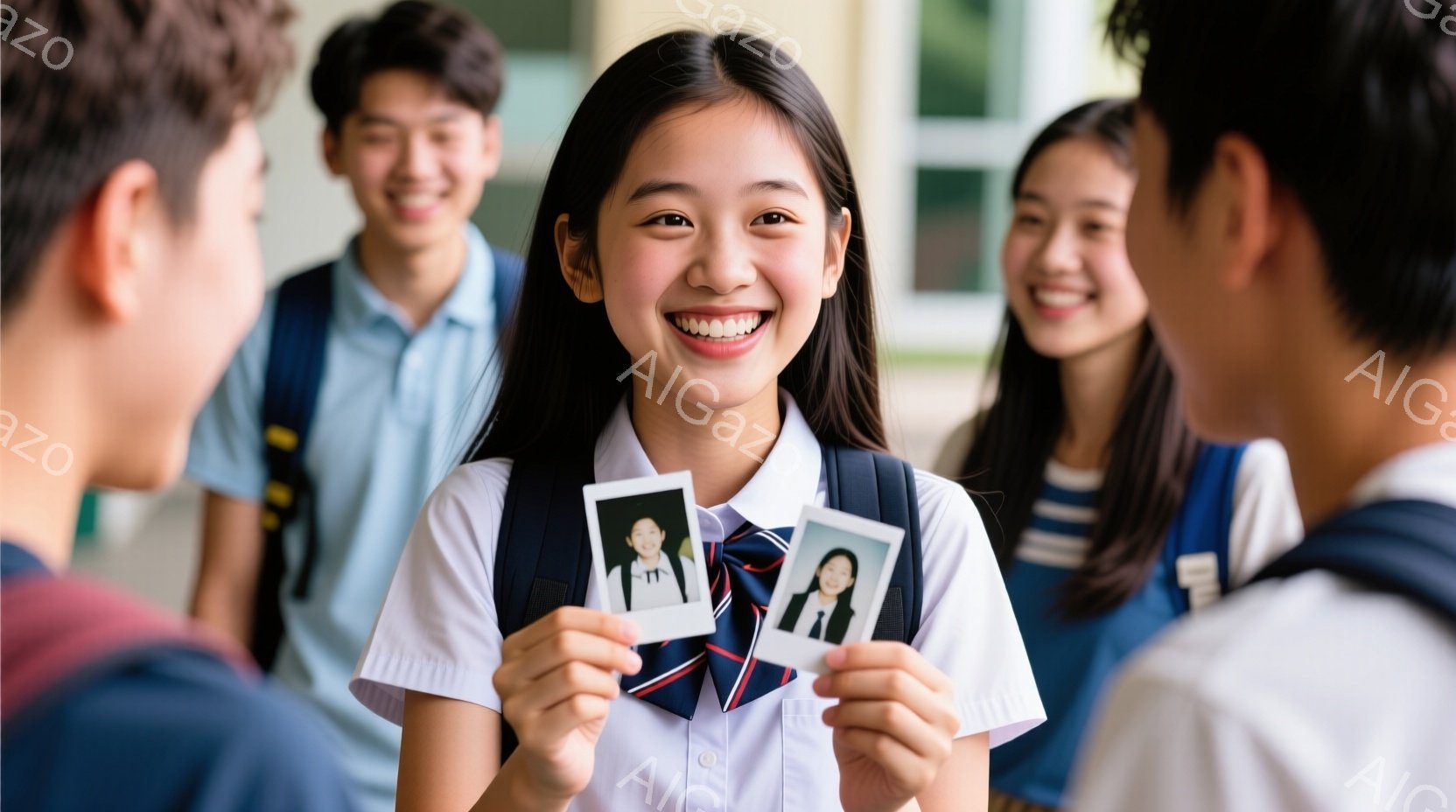 笑顔の女子生徒が、二枚のポラロイド写真を手に持っています。彼女は紺色のリボン付きの白いブラウスと、肩から提げられたリュックサックを着ています。背景には、他の生徒たちがぼんやりと見え、学校らしき建物の外 - AI生成フリー素材