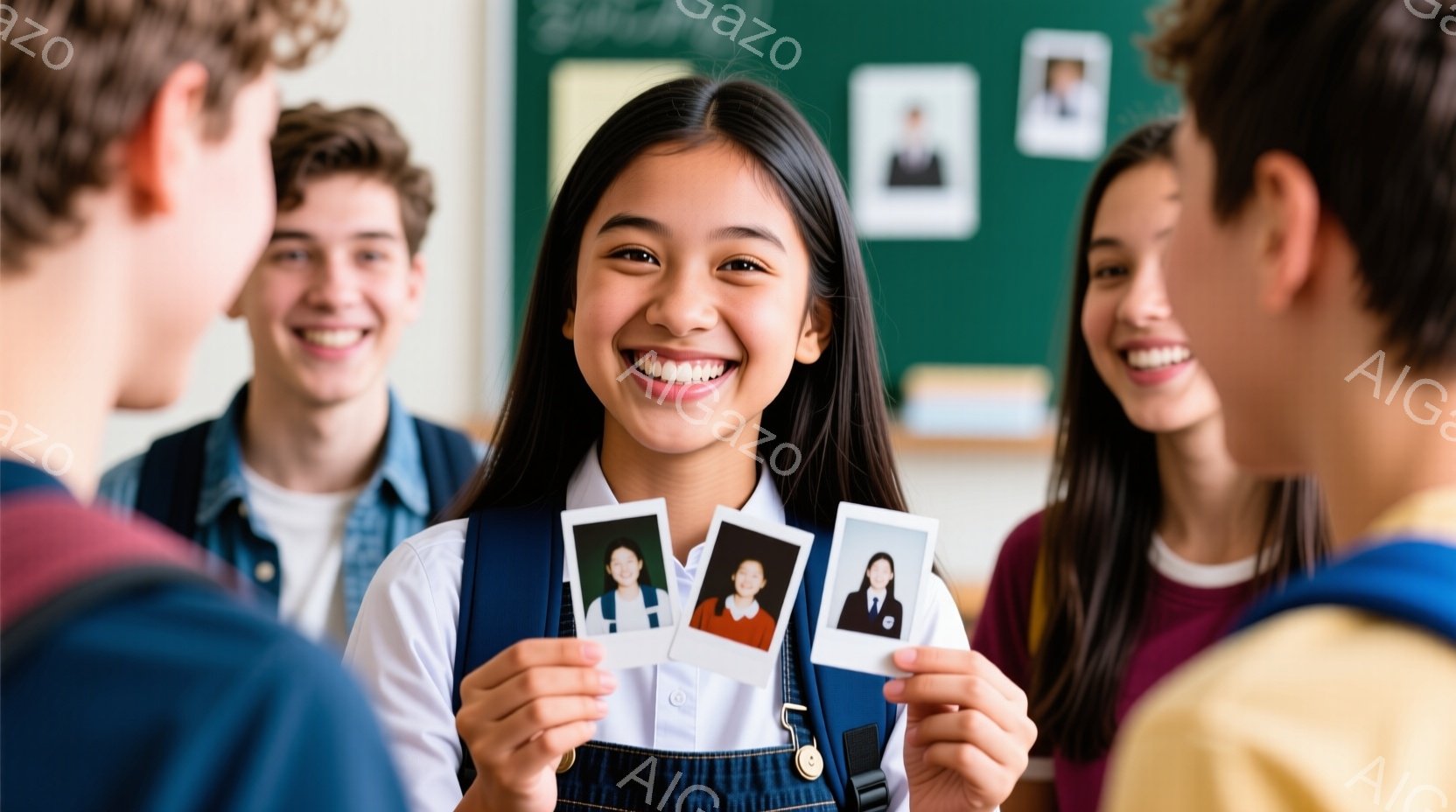 画像の中央には、笑顔の少女が立っており、制服のシャツとネクタイ、ベスト、バックパックを着用しています。彼女は数枚の写真を手に持ち、周囲には他の生徒たちが写っており、全員が楽しそうに微笑んでいます。背景 - AI生成フリー素材