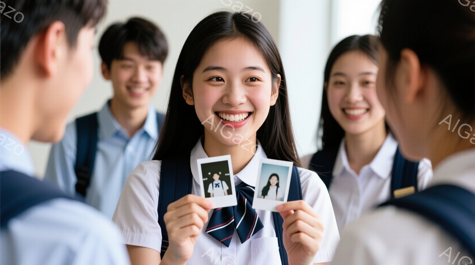 制服を着た女子高生が写っており、満面の笑みを浮かべている。彼女は二枚の写真を手に持ち、カメラ目線でこちらを見ている。背景には、制服を着た男子生徒と女子生徒がぼやけて写っており、明るい室内で撮影された写真である。