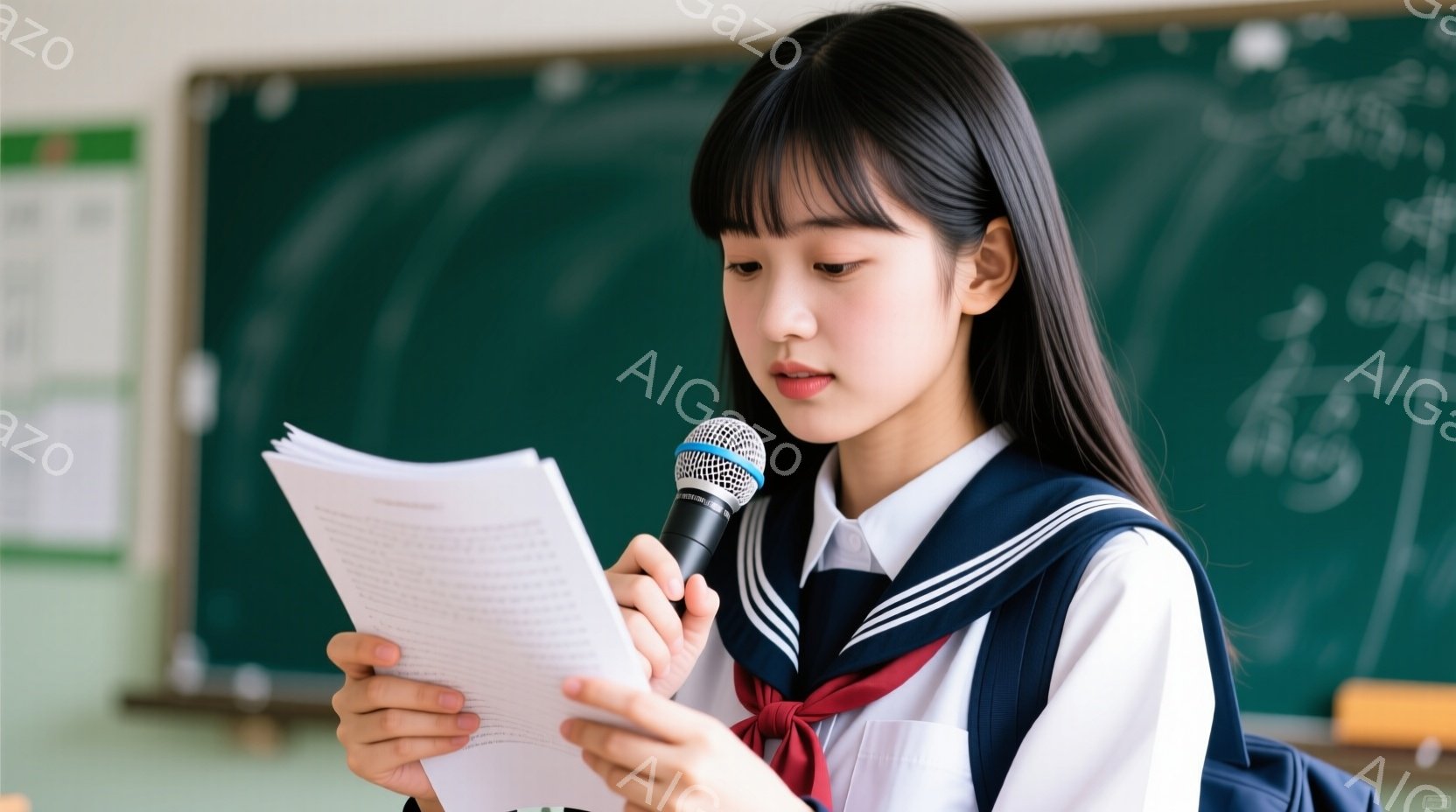 制服姿の若い女性が、窓辺で茶碗を載せた盆を両手で持っている。彼女は微笑んでおり、明るい茶色の髪は肩まで伸びていて、前髪は綺麗に整えられている。背景には暖色系のインテリアと緑が見え、穏やかで上品な雰囲気を醸し出している。