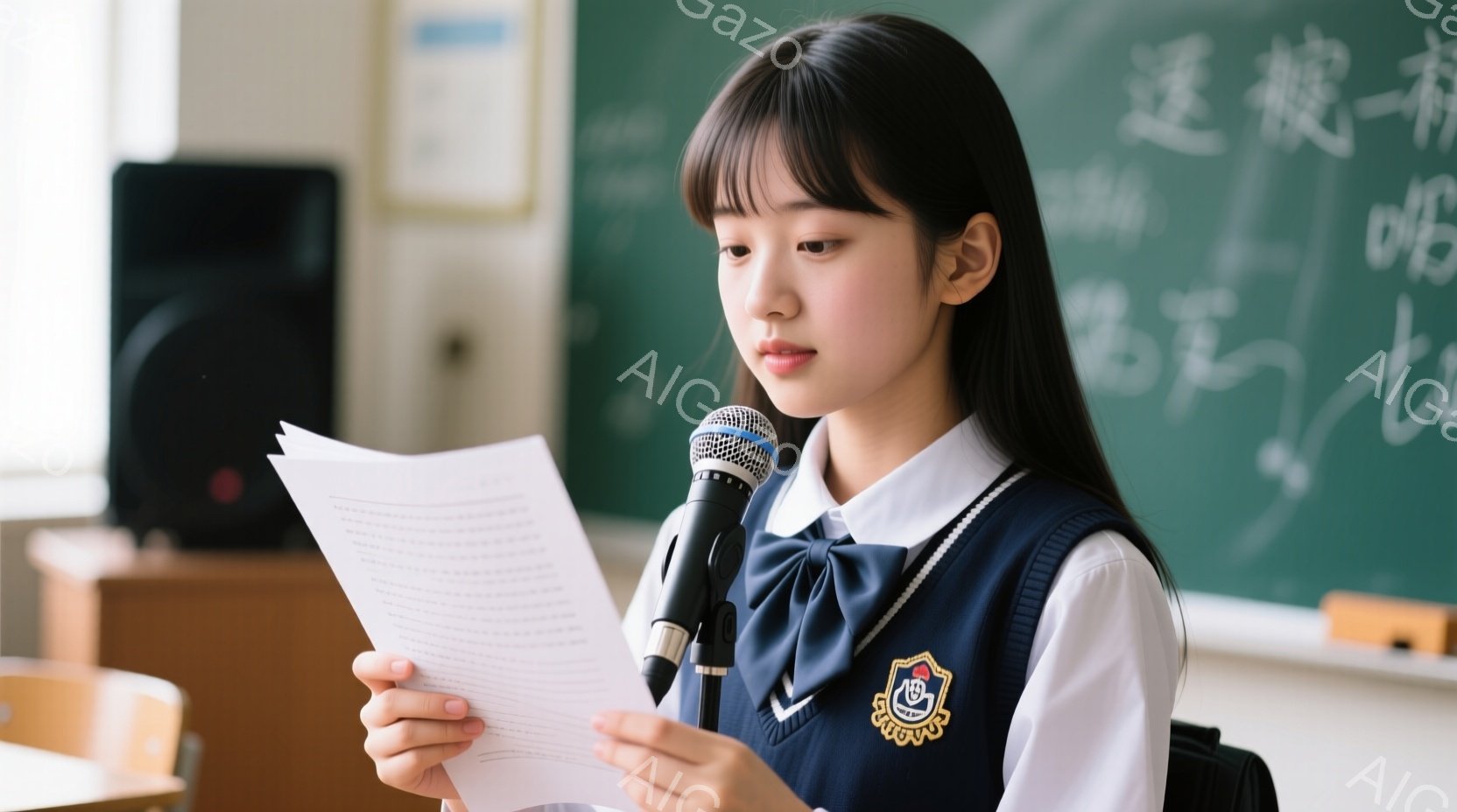 紺色のセーラー服を着た若い女性が写っています。彼女は黒髪で前髪を下ろしており、真剣な表情で何かを読み上げています。背景には教室の黒板と机があり、落ち着いた雰囲気です。 - AI生成フリー素材