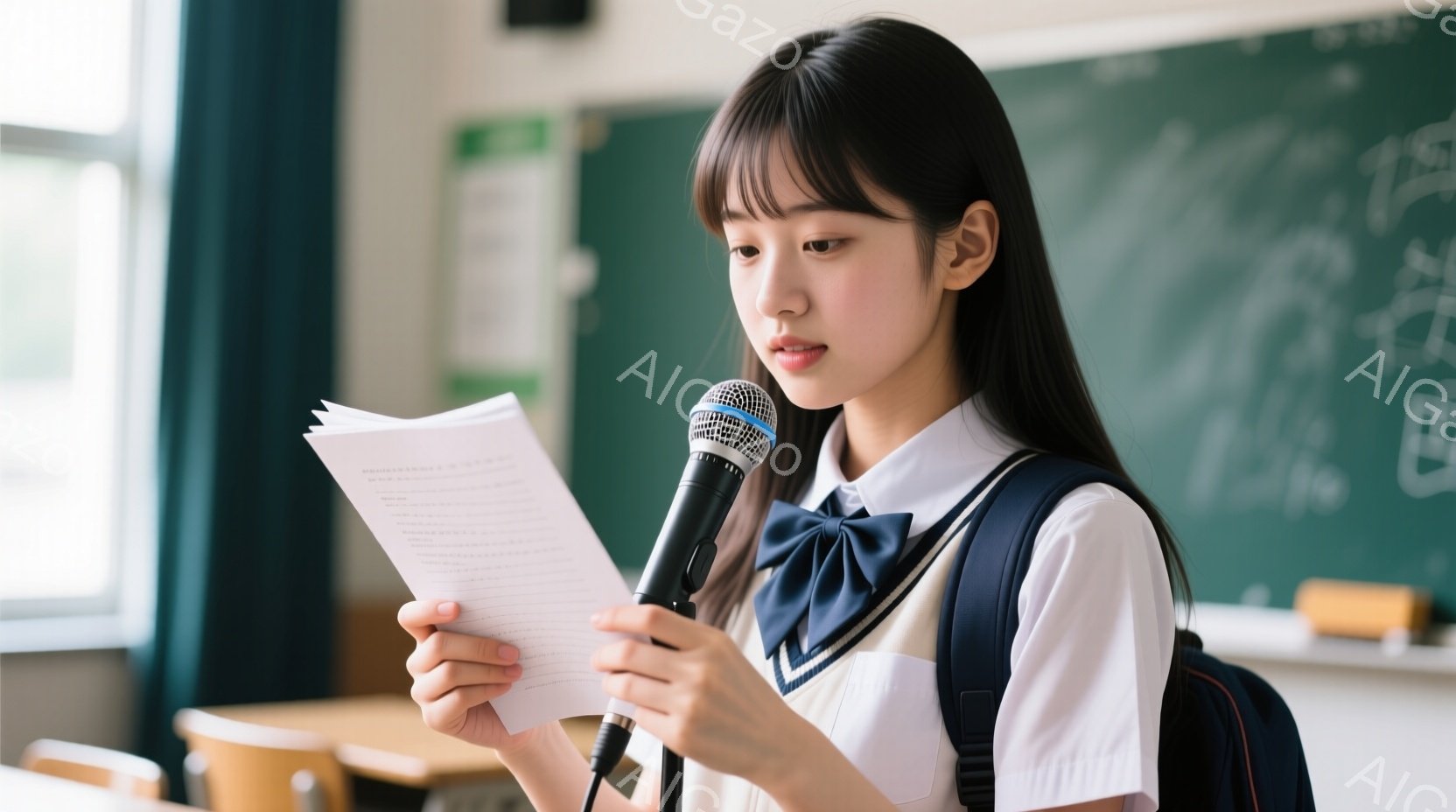 制服を着た若い女性が、講堂のような場所でマイクに向かって何かを読み上げています。彼女は黒髪で、前髪が少し長め、表情は真剣で集中しています。背景には黒板と机が見え、教室や講堂のような室内で、何らかのプレゼンテーションやスピーチが行われている様子が伺えます。