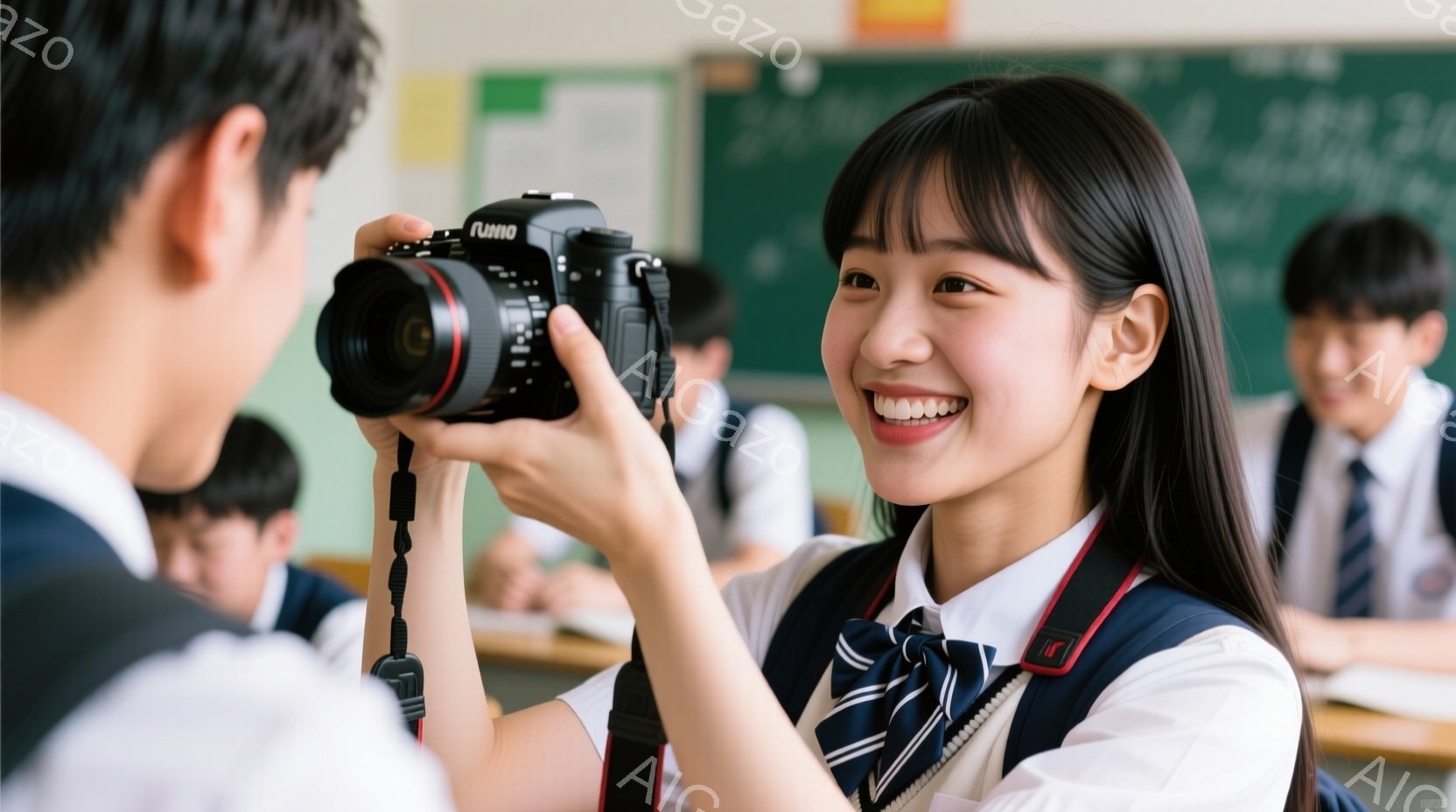 女子高生がカメラを持って写っている様子が写っています。彼女は紺色のブレザーにネクタイ、白いシャツ姿で、笑顔を浮かべています。教室の背景には他の生徒たちが座っており、明るく活気のある雰囲気が漂っています - AI生成フリー素材