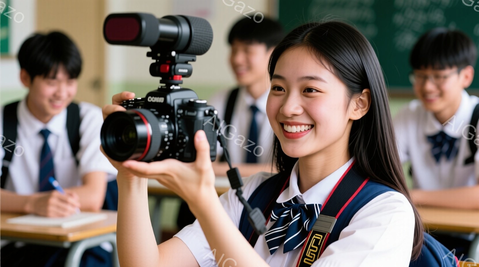 制服を着た若い女性が、カメラを正面に向けて笑顔で構えています。彼女は紺色のブレザー、白いシャツ、ネクタイを着用し、肩にはカメラストラップをかけています。教室の背景には、他の生徒や机、そして黒板が見え、 - AI生成フリー素材