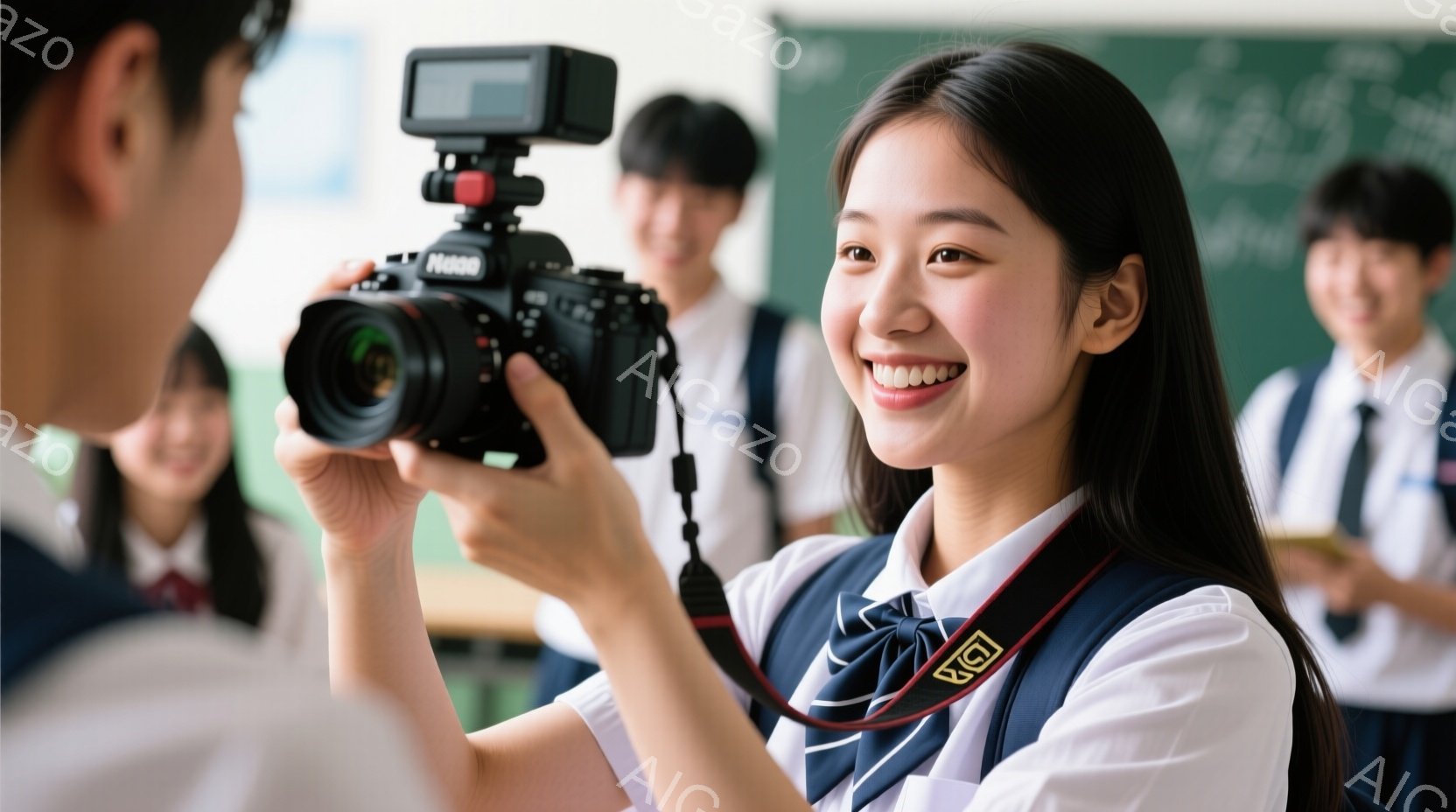 制服を着た若い女性がカメラを手に笑顔でこちらを見ている。彼女は紺色のリボンと白いシャツに、濃い紺色のブレザーを着用し、長い黒髪はストレートに伸びている。背景には他の生徒たちが教室にいて、明るく活気のあ - AI生成フリー素材