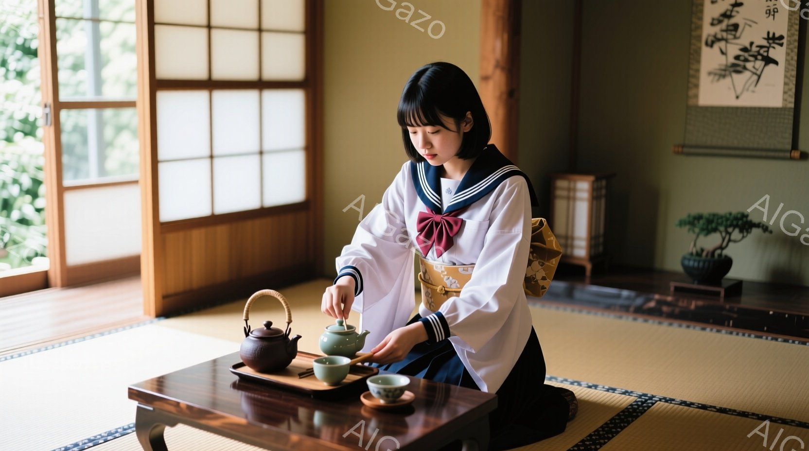 少女は畳の上に座り、茶道を行っている。白いブラウスと濃い青色のスカートの制服を着ており、黒髪を短く切り揃えている。穏やかな表情で、丁寧に湯冷ましから茶碗にお湯を注いでいる。