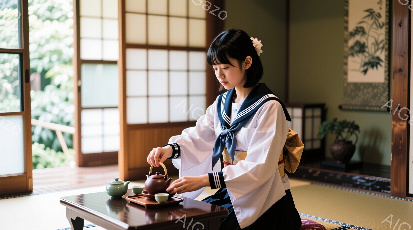 制服姿の少女が畳の部屋で茶を点てている。彼女は濃い青色のリボンと白いブラウスが特徴のセーラー服を着ており、髪は後ろでまとめられ、白い花飾りをつけている。窓の外には緑豊かな庭が見え、部屋全体が落ち着いた - AI生成フリー素材