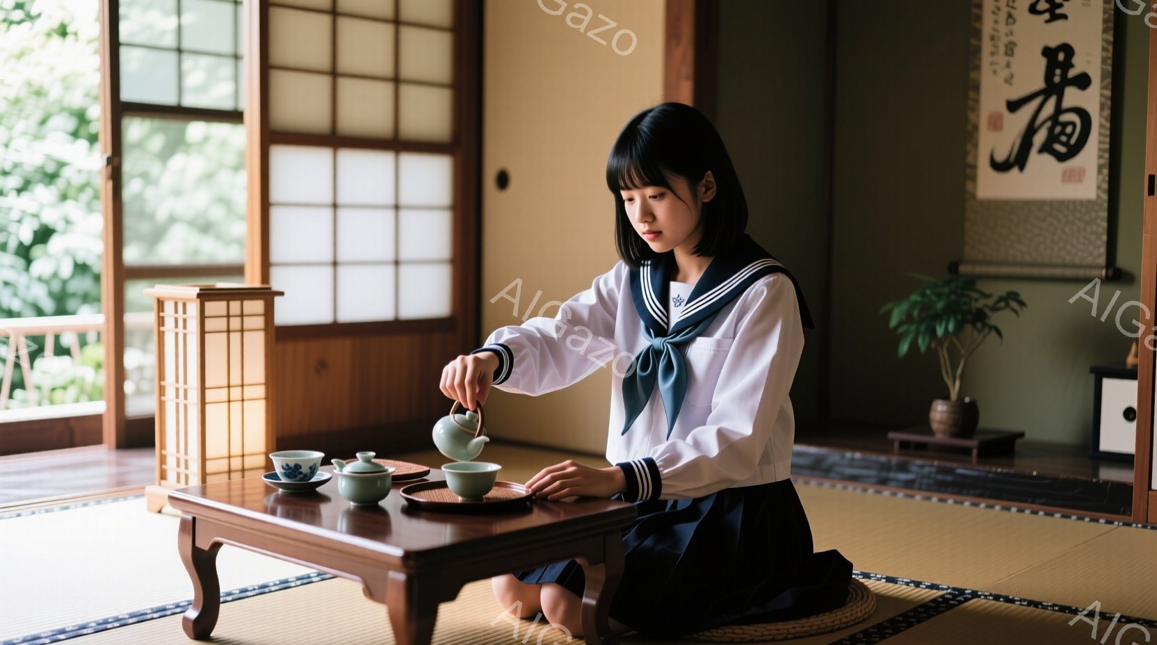 制服姿の少女が、畳の部屋で茶を点てています。彼女はセーラー服を着ており、髪は肩までの長さで、前髪は眉を覆っています。背景には、障子と書道作品が見え、落ち着いた和の雰囲気が漂っています。 - AI生成フリー素材