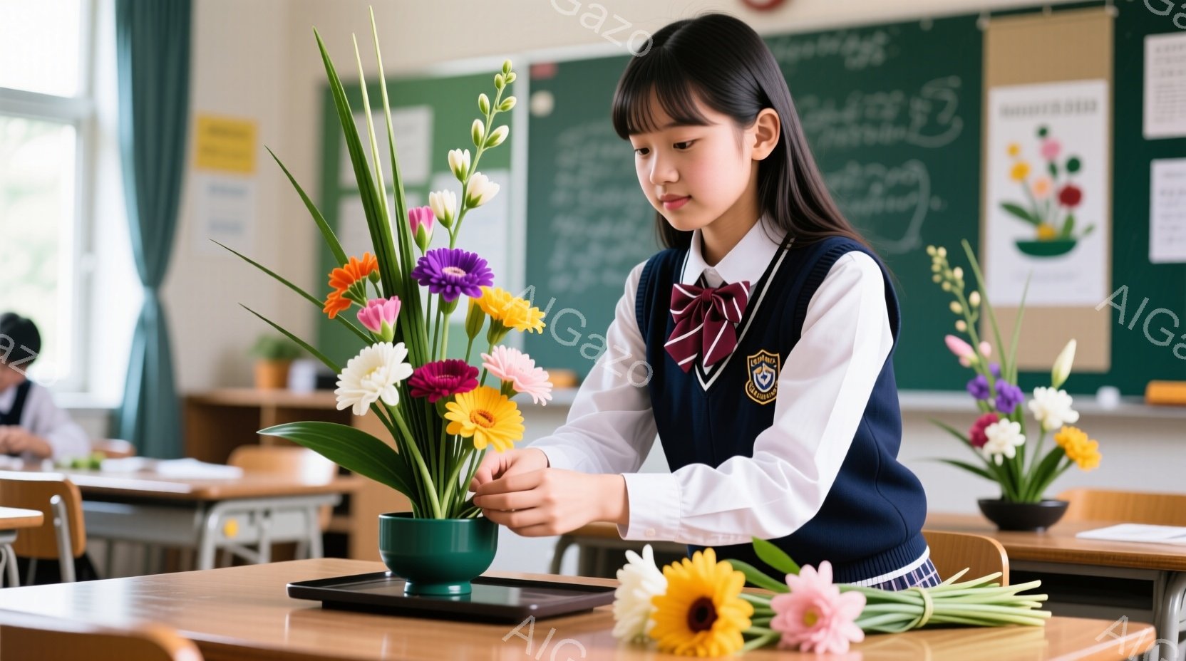 少女は学校の教室で花を生けている。紺色のブレザーに赤いネクタイとチェックのスカートを着用し、前髪を少しカールさせたショートヘアにしている。彼女は集中した表情で花瓶に花を丁寧に挿し、他の生徒たちが座っている教室は明るく、活気がある。