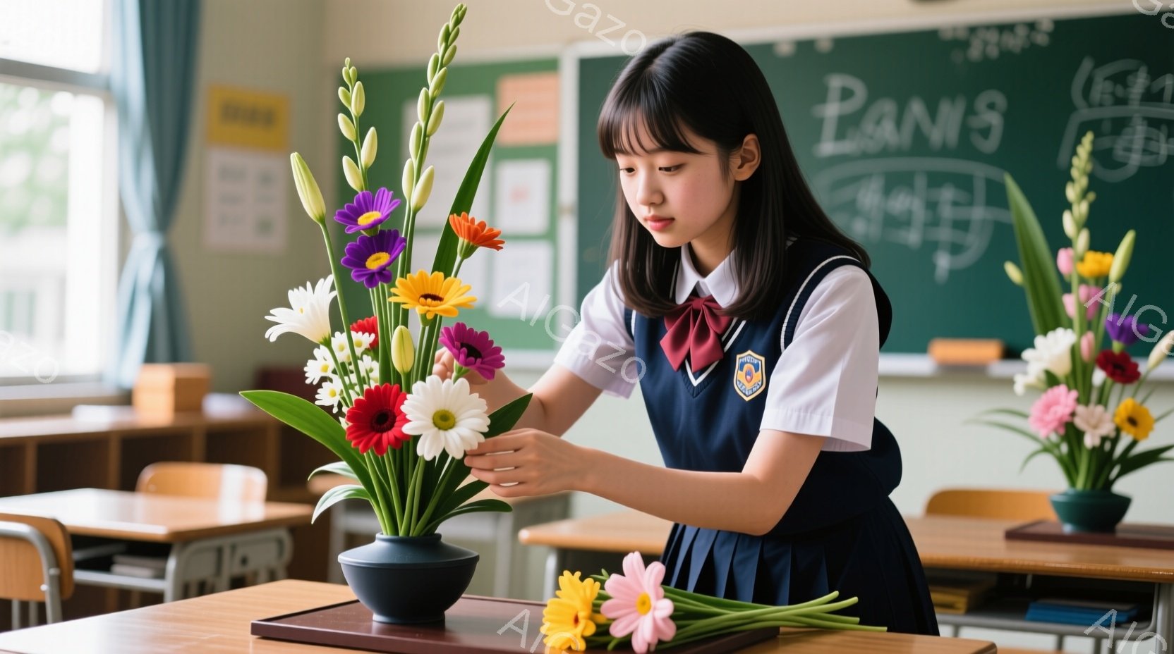 制服を着た女子学生が、教室で花を生けている様子が写っている。彼女は黒髪で前髪を下ろし、真剣な表情で花瓶に花を配置している。教室には木製の机と椅子が並び、黒板には文字が書かれている。