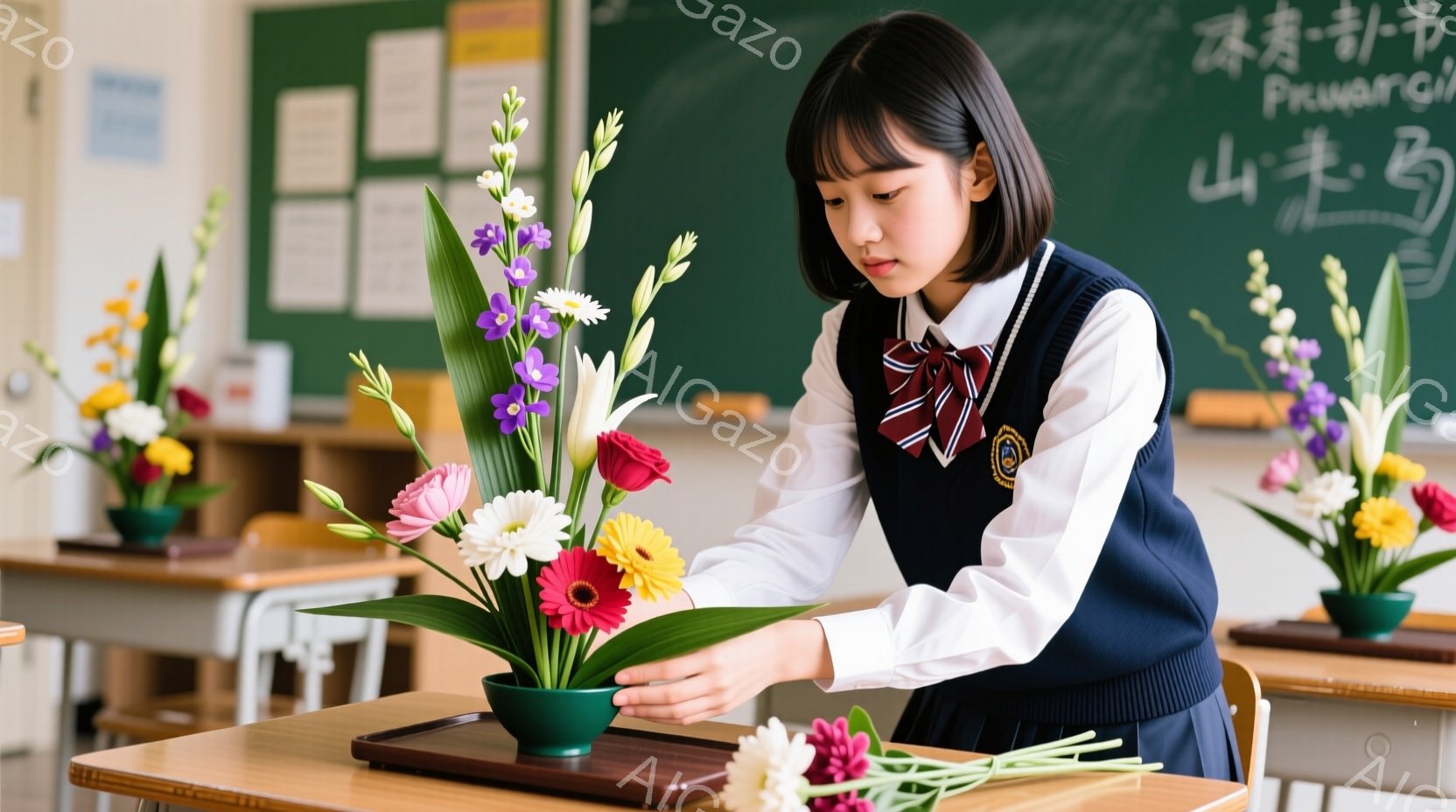 女子は制服姿で、教室の机に向かい、花を生けている。彼女は茶色の髪を肩まで伸ばし、前髪を整え、真剣な表情で葉を花瓶に配置している。背景には他の生徒の作品が並び、教室全体が明るく、穏やかな雰囲気に包まれている。